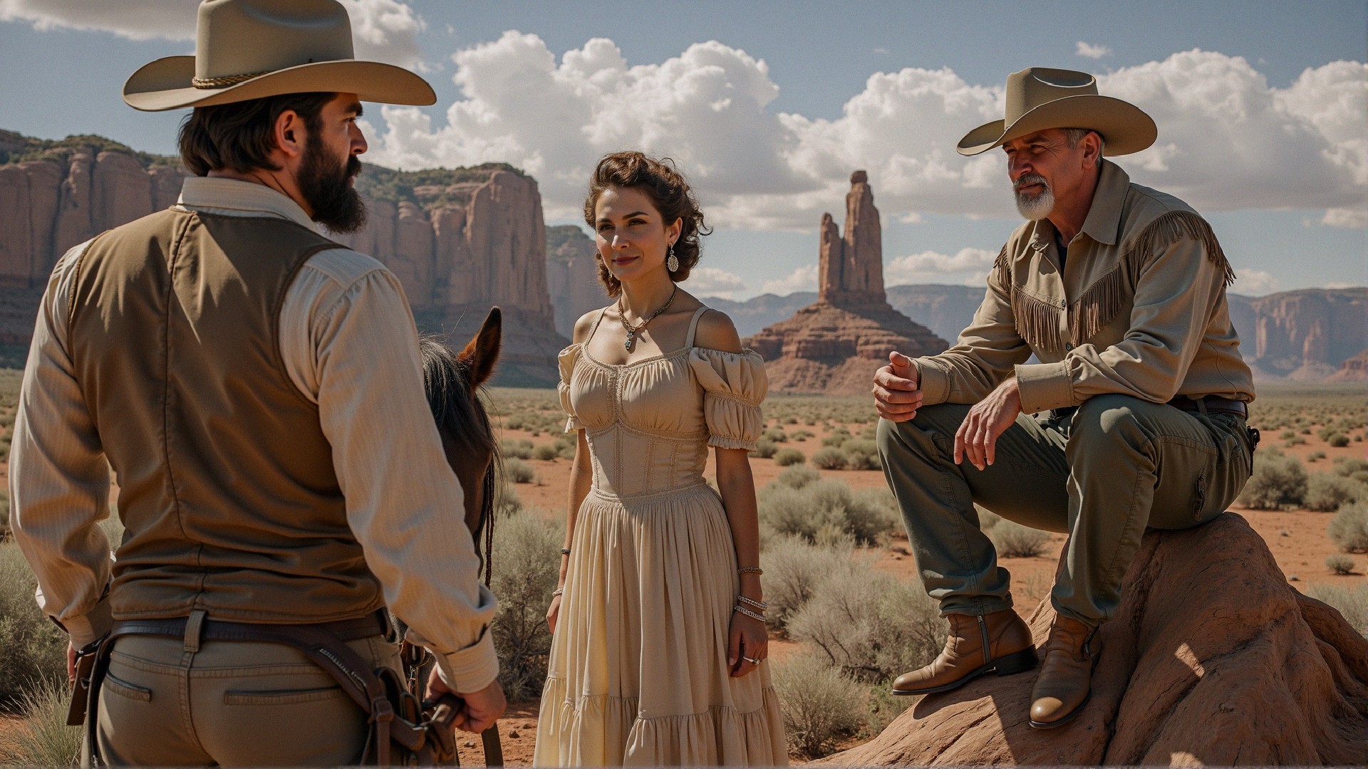 Desert Scene with Cowboys and Elegant Woman in Dress