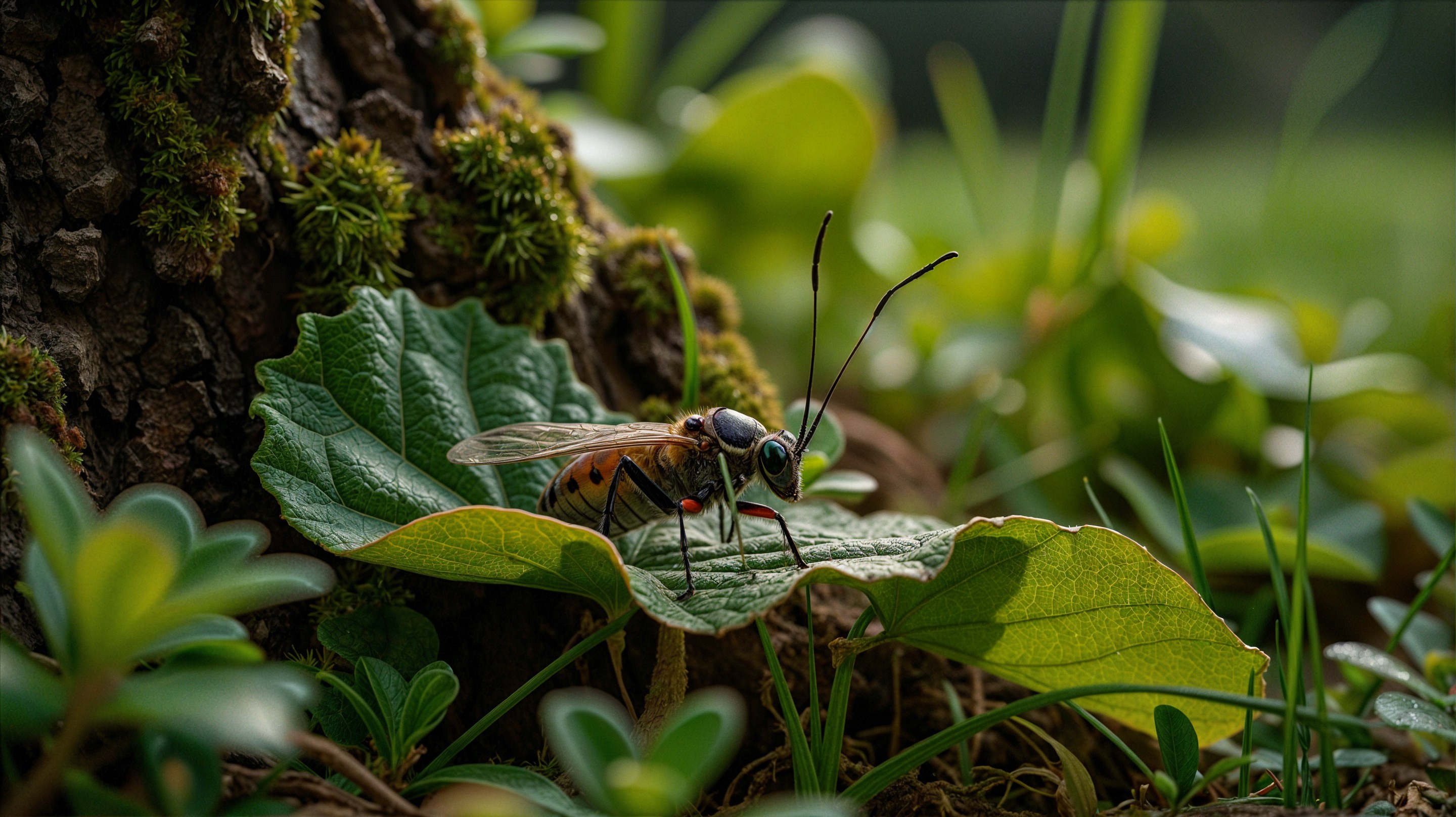 Close-up of a bee on a green leaf with details