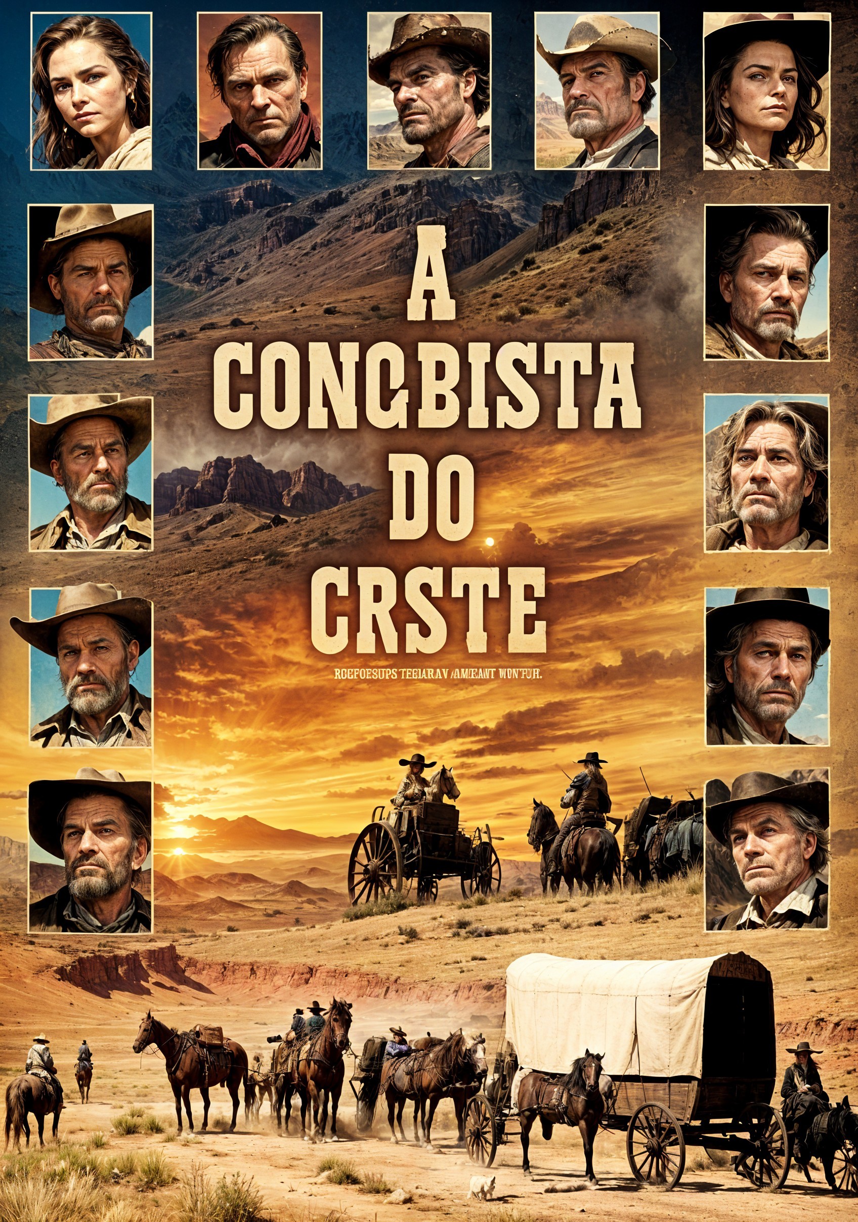 Western Movie Poster with Mountains and Desert Landscape