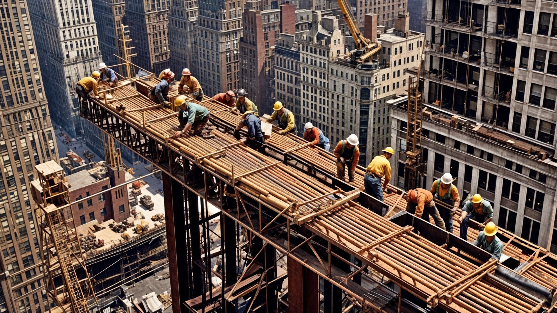 Construction Workers on Urban Site with Steel Framework