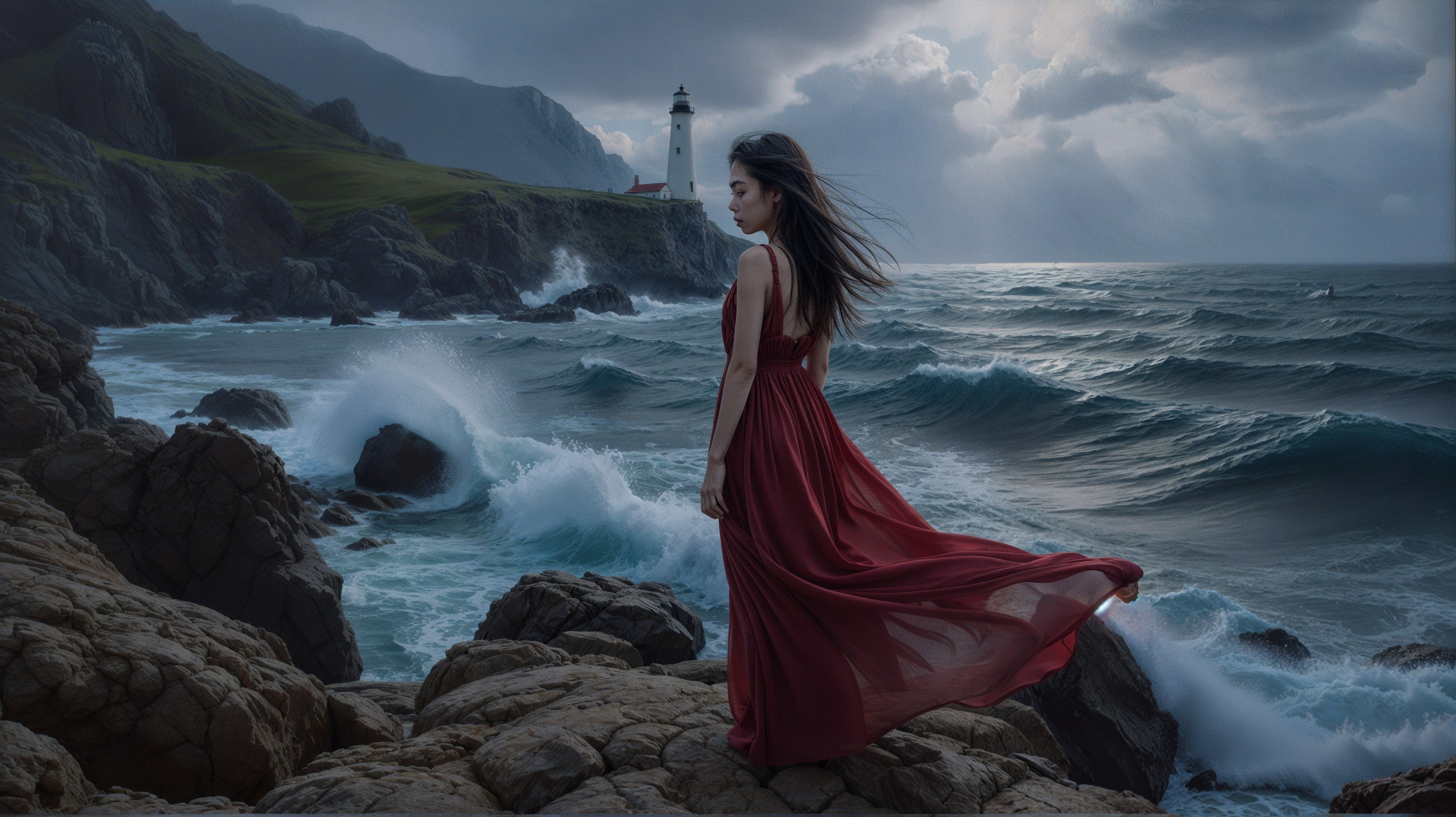 Solitary Figure in Red Dress by Turbulent Sea