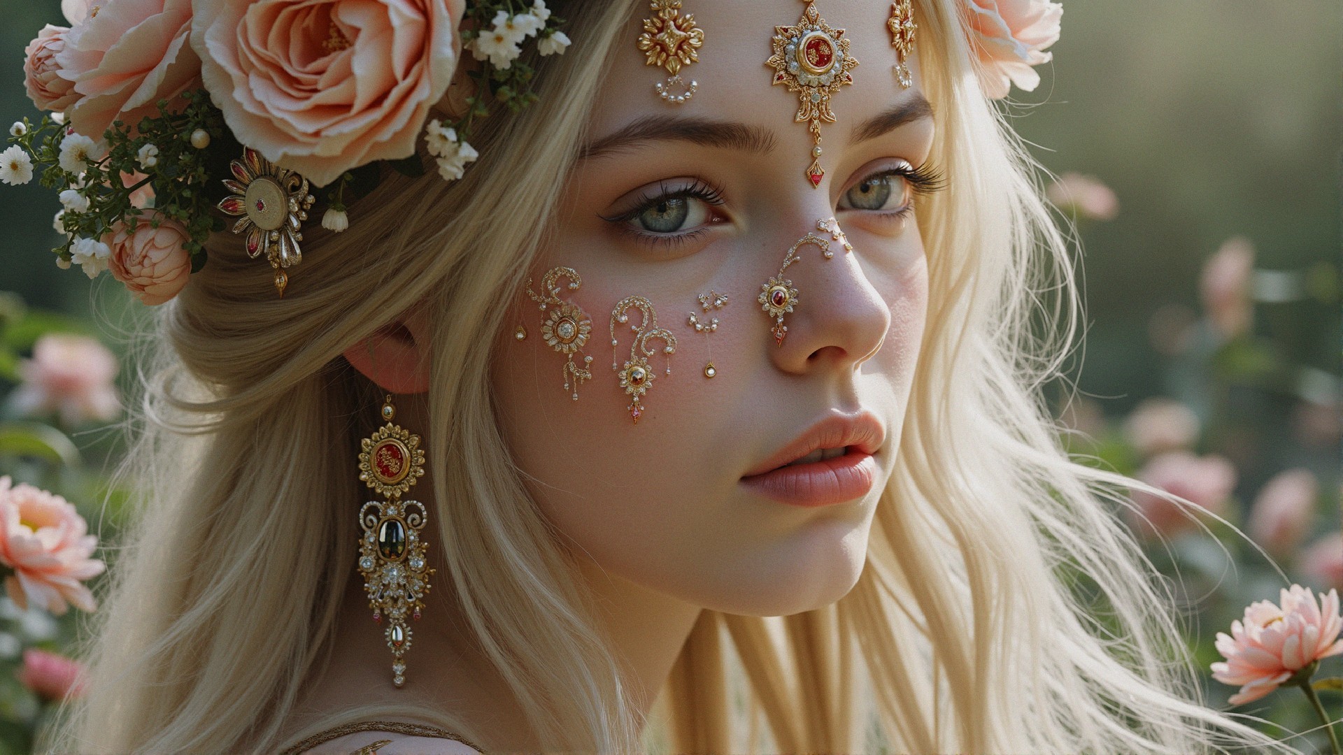 Young Woman with Blonde Hair and Floral Crown