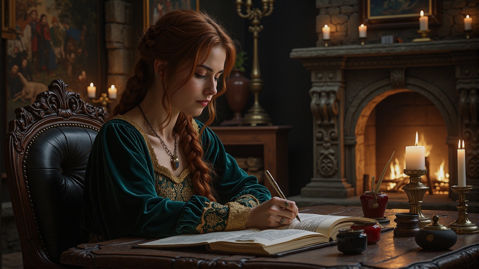 Young woman writing at ornate desk by candlelight