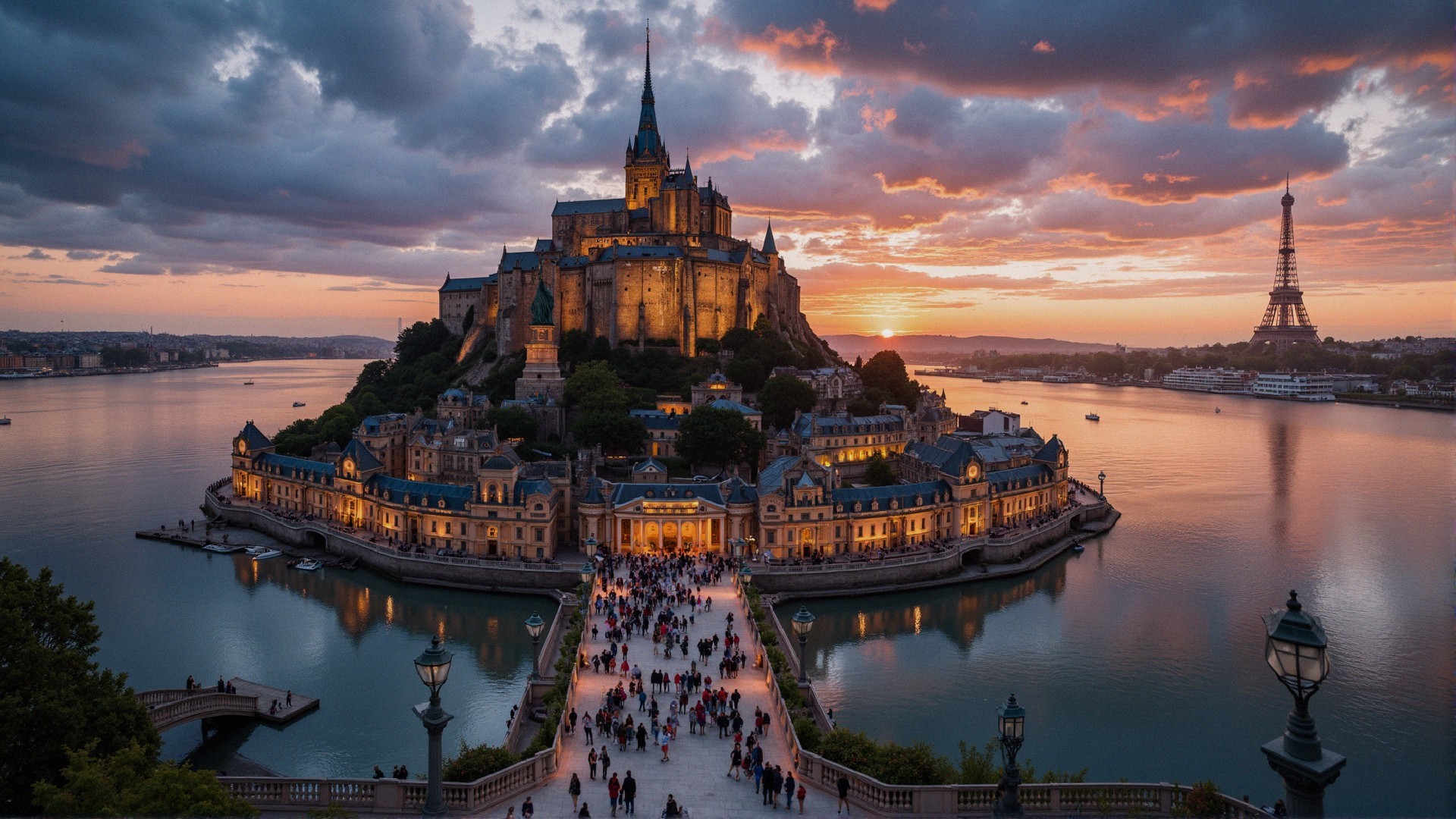 Majestic castle on rocky island at sunset with crowd