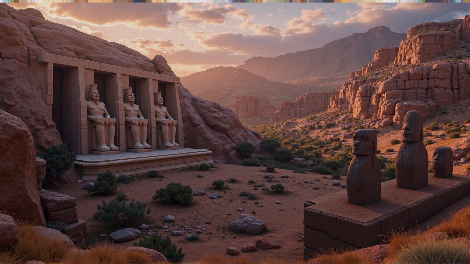 Ancient Statues in a Valley with Colorful Sunset