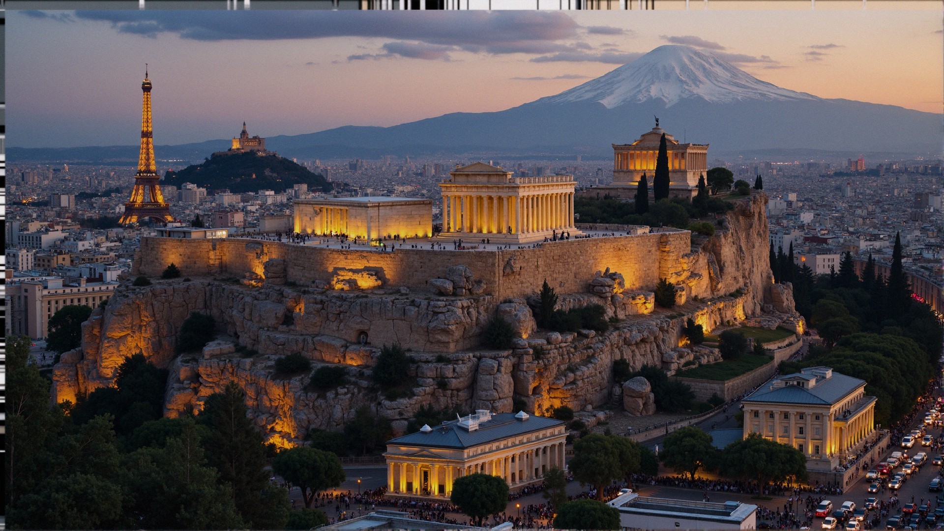 Panoramic View of Iconic Landmarks at Sunset