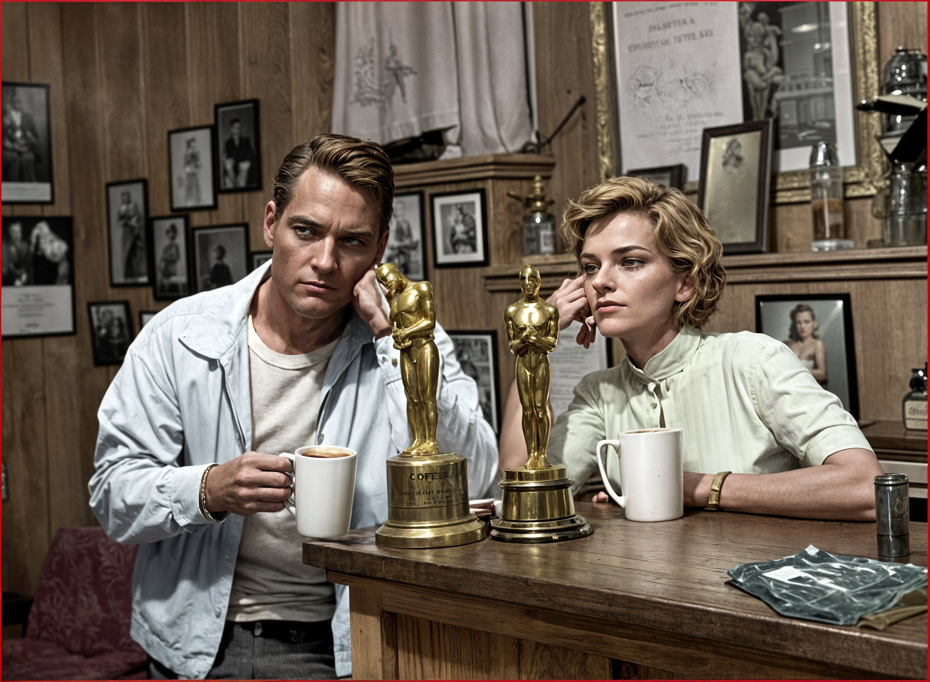 Vintage Bar Scene with Oscar Statuettes and Reflection