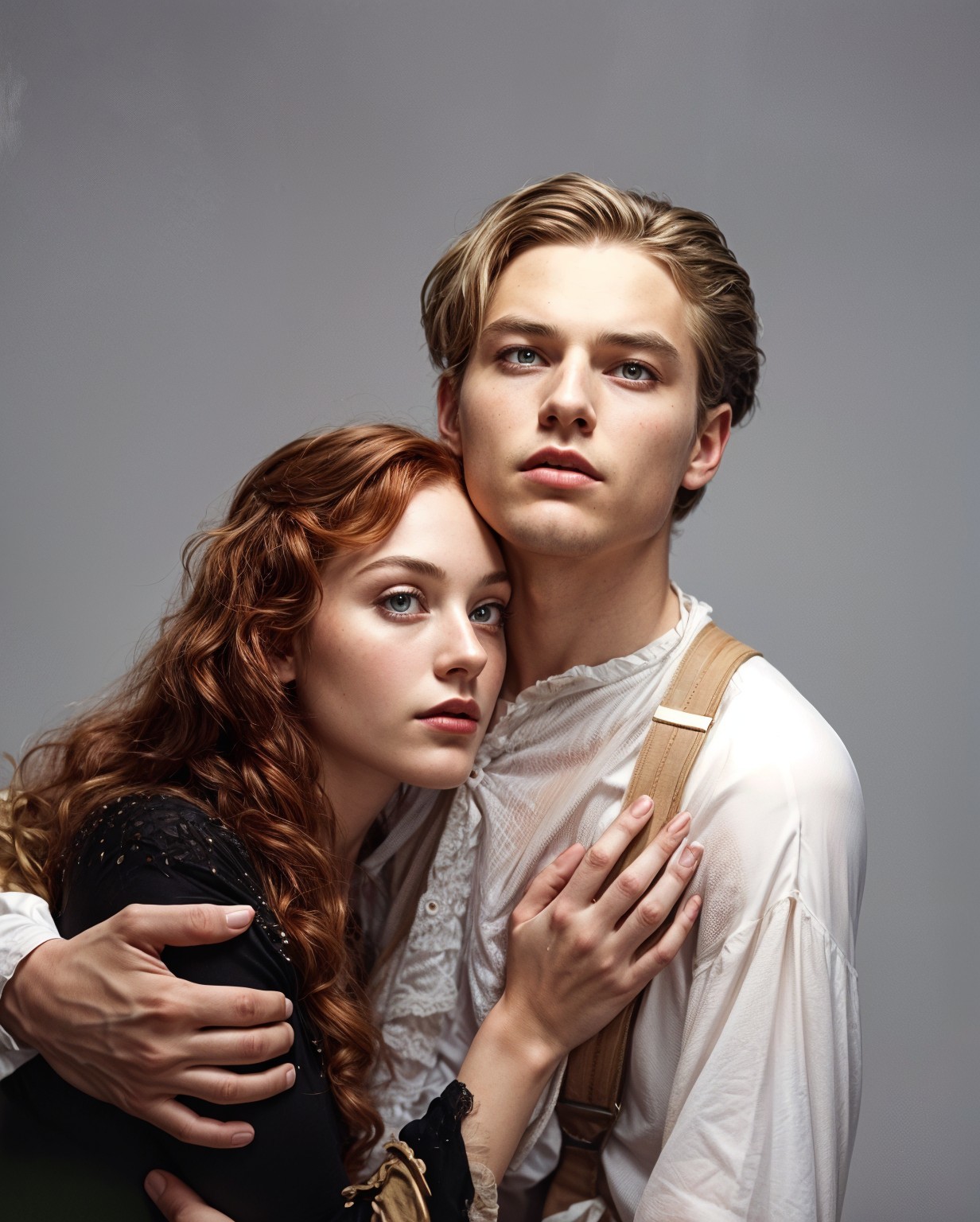 Young couple in vintage attire expressing deep emotion