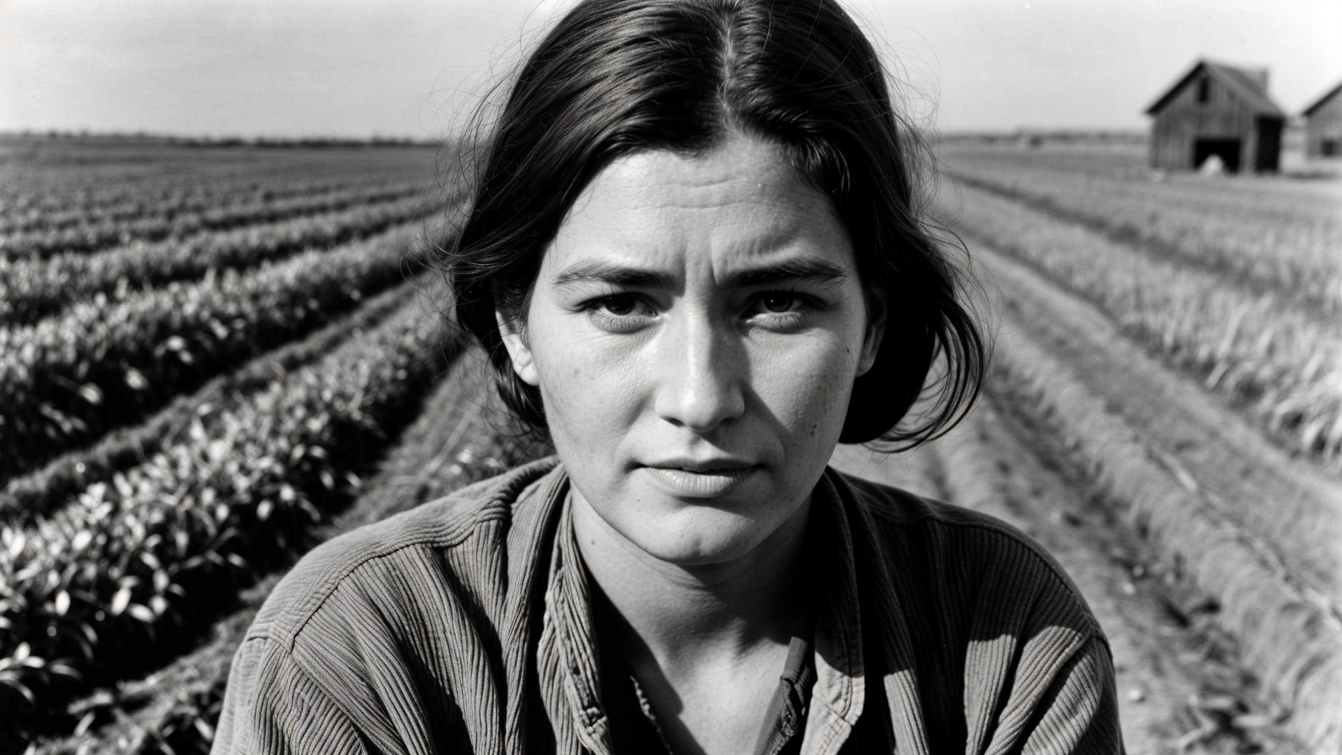 Young woman in rural setting with serious expression