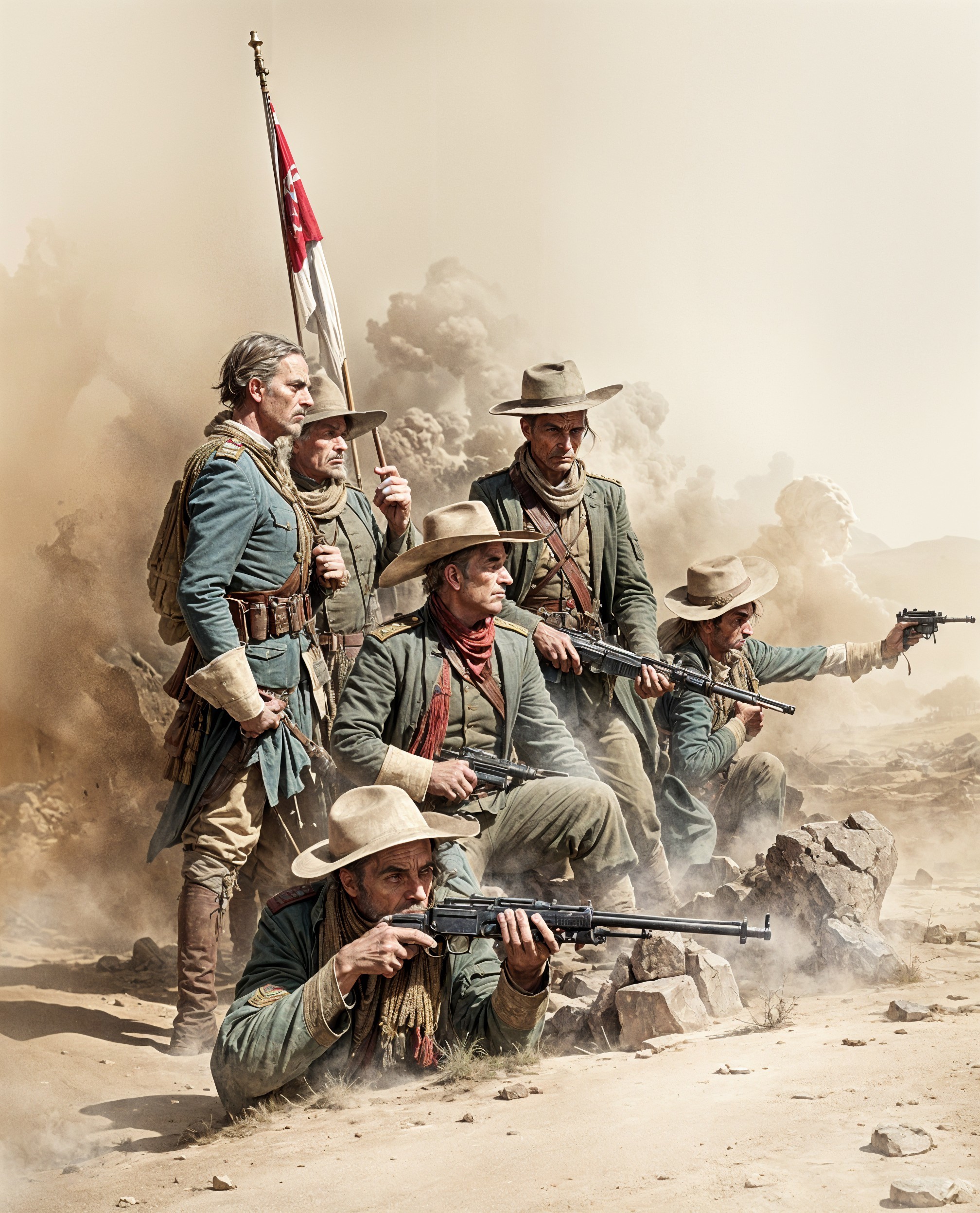Soldiers in Period Attire in Desert Landscape