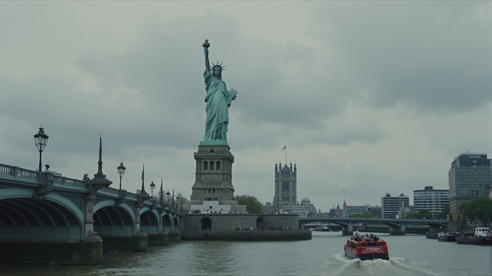 Statue of Liberty with Urban Skyline and Boat Scene