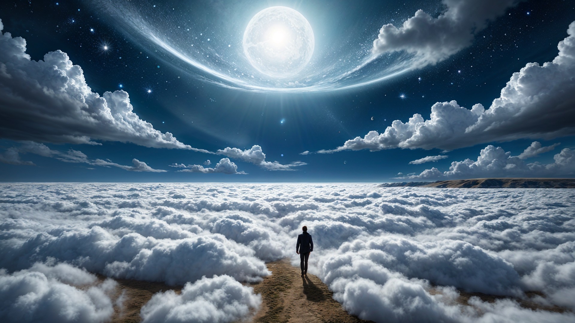 Figure on Pathway Above Clouds Under Full Moon