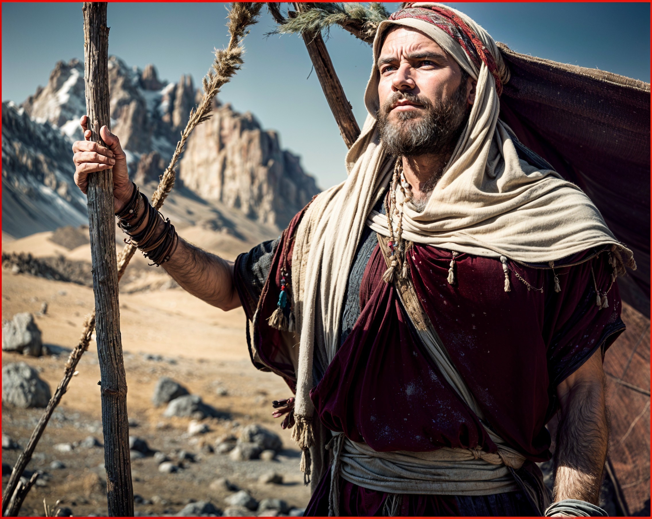 Rugged Man in Traditional Attire in Mountain Landscape