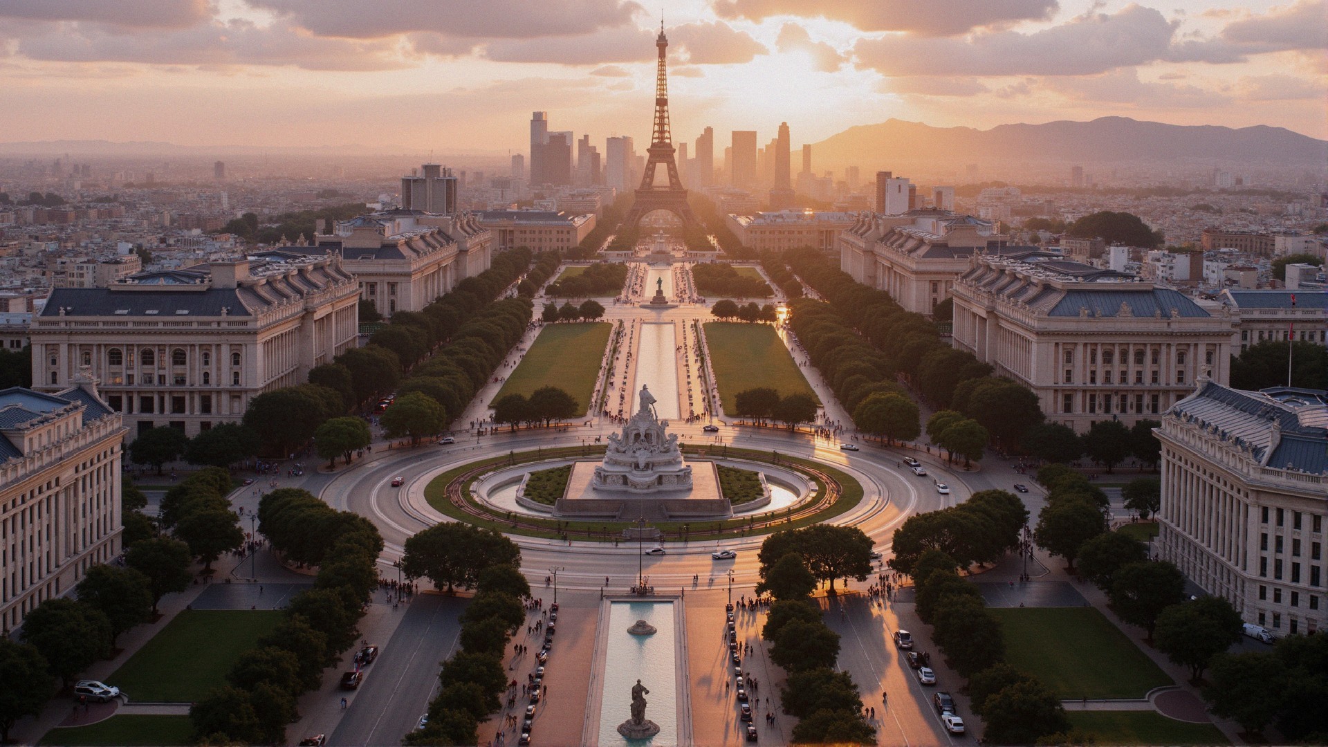 Sunset Over Paris with Eiffel Tower and Cityscape