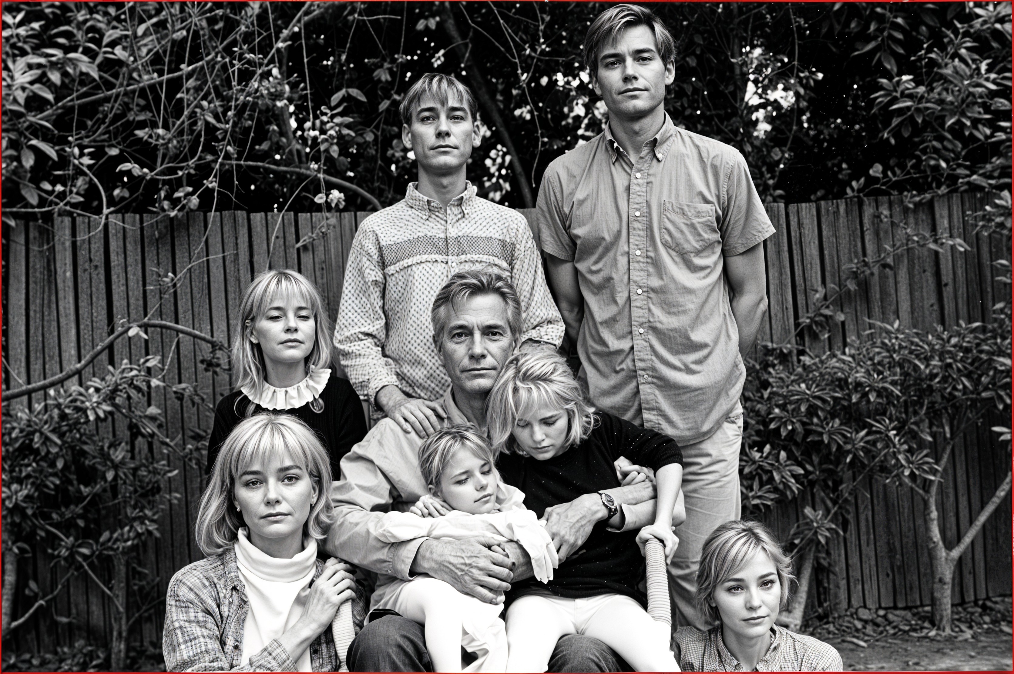 Black-and-White Family Portrait with Adults and Children