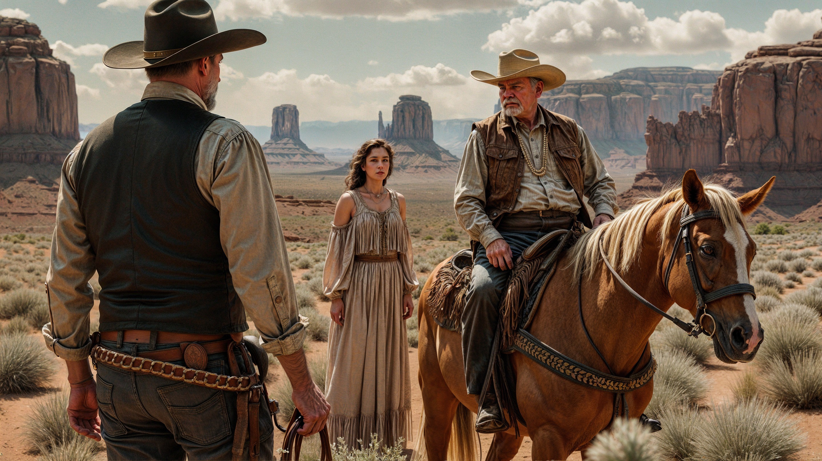 Dramatic Western Scene with Cowboy and Woman in Desert