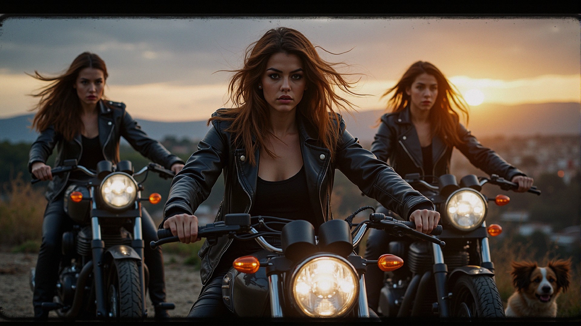 Three Women on Motorcycles at Sunset with Dog