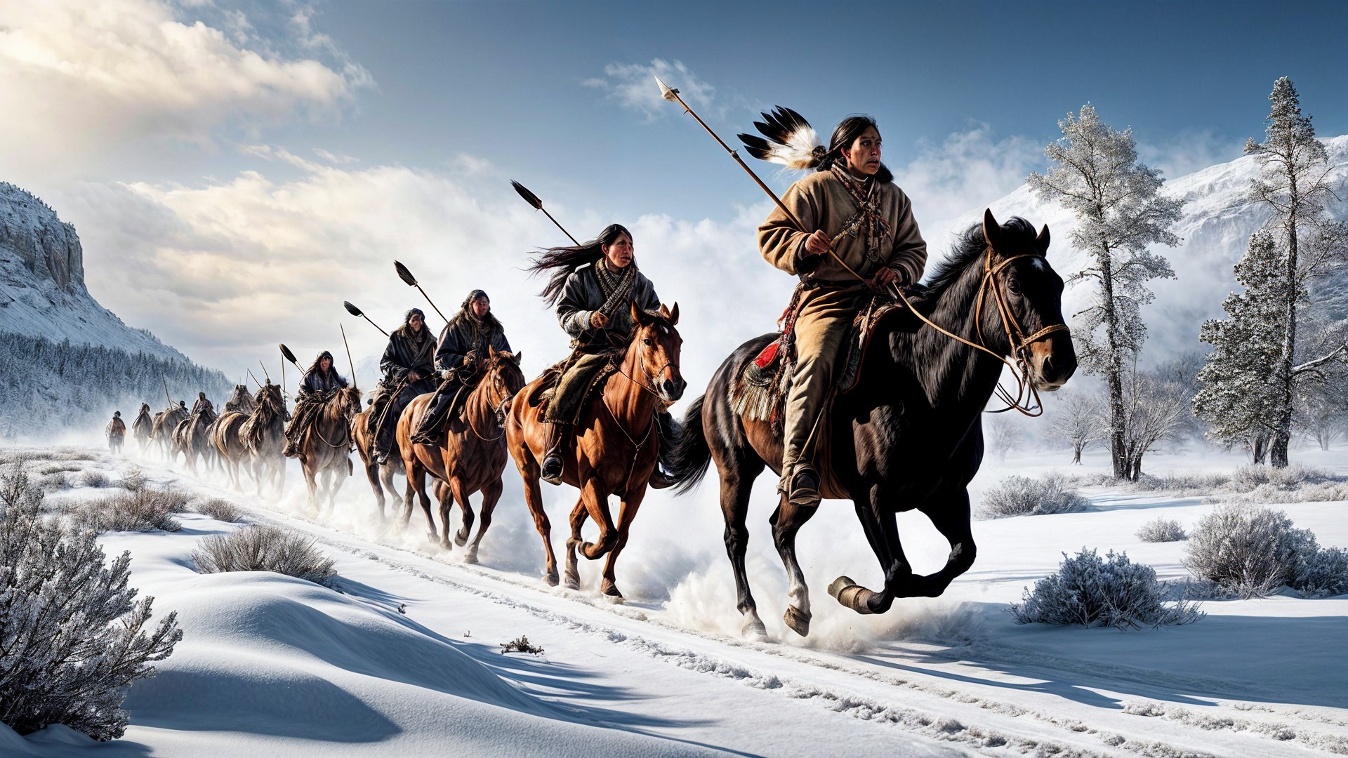 Horsemen in Traditional Attire Riding Through Snowy Landscape