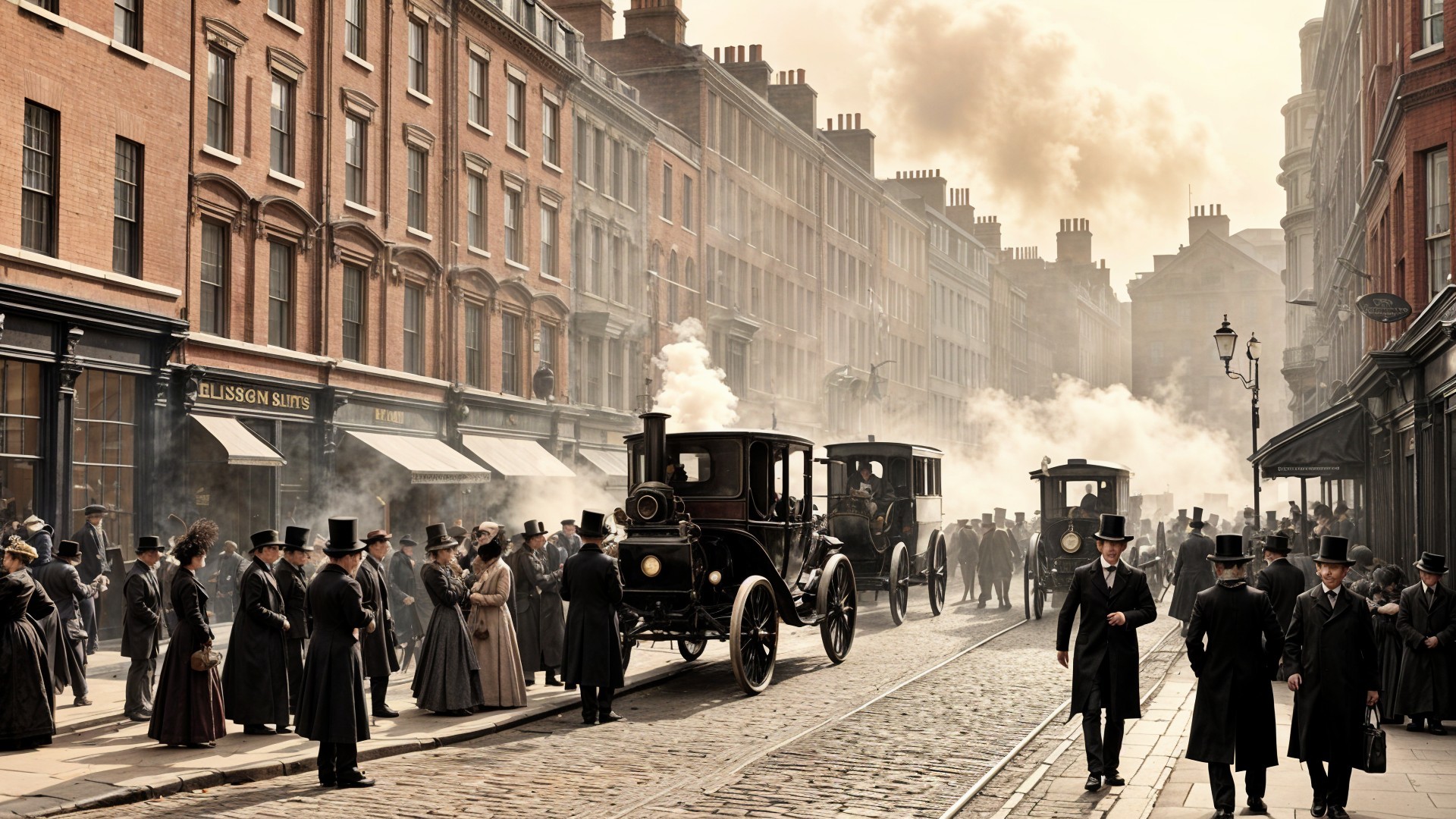Late 19th Century Urban Street Scene with Carriages