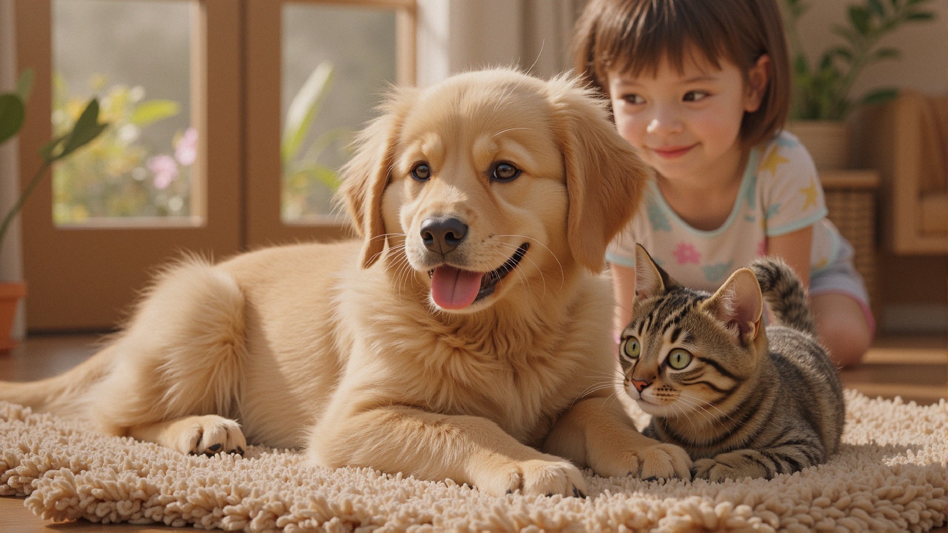 Golden Retriever Puppy and Tabby Cat in Cozy Home
