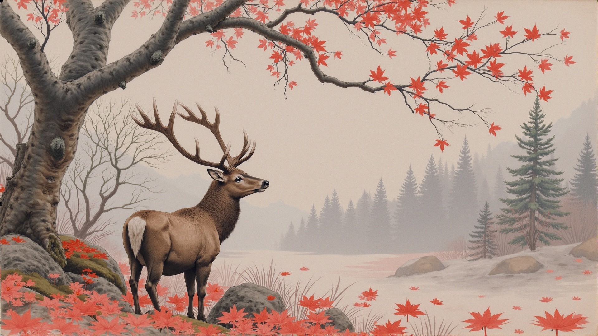 Majestic Stag in Serene Autumn Landscape Scene