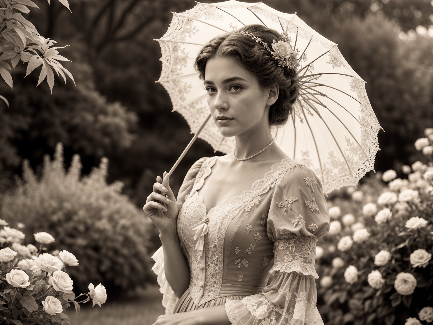 Young Woman in Vintage Gown in Rose Garden