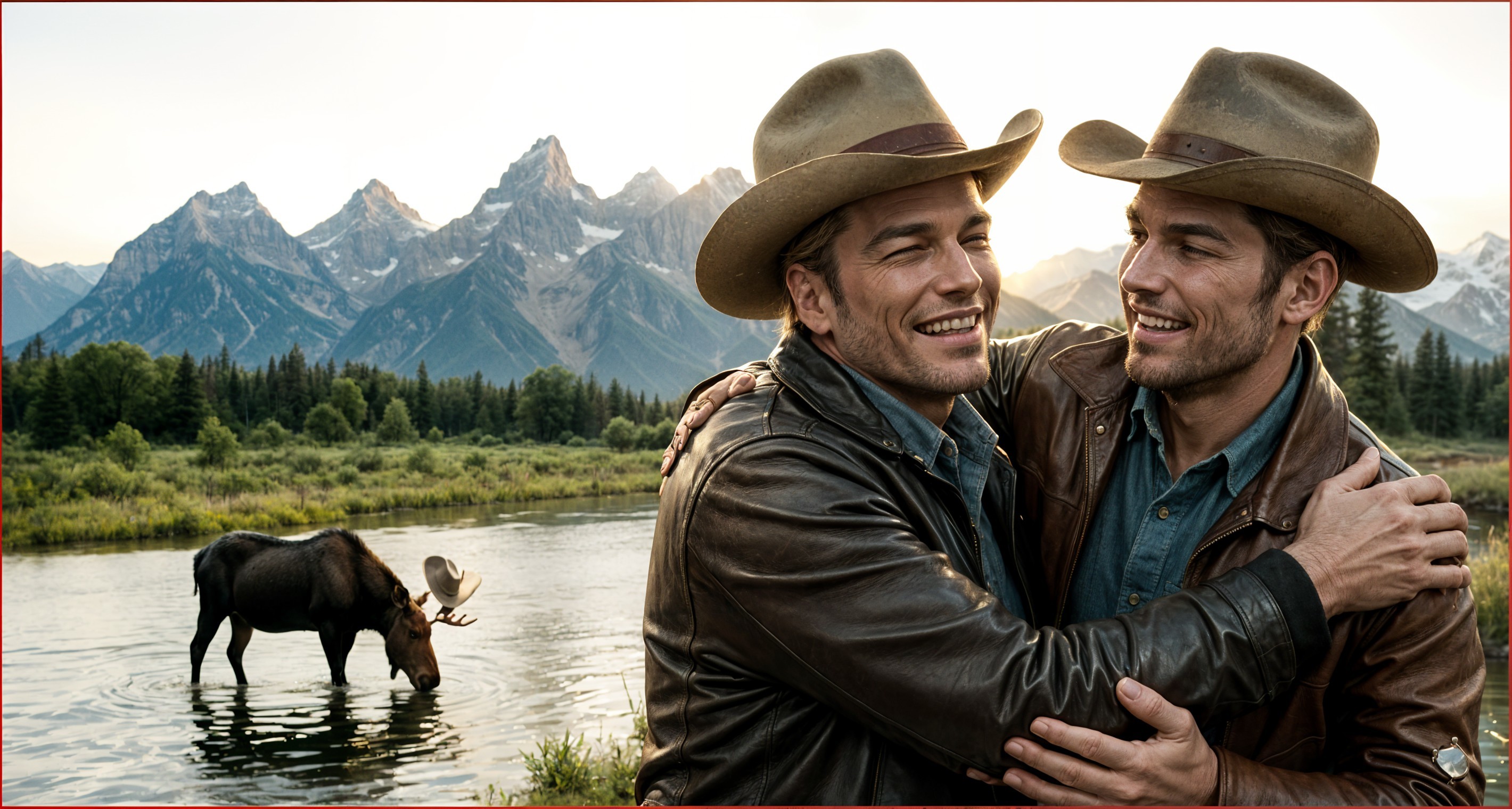Men in Cowboy Hats Embrace by Serene Wilderness Scene