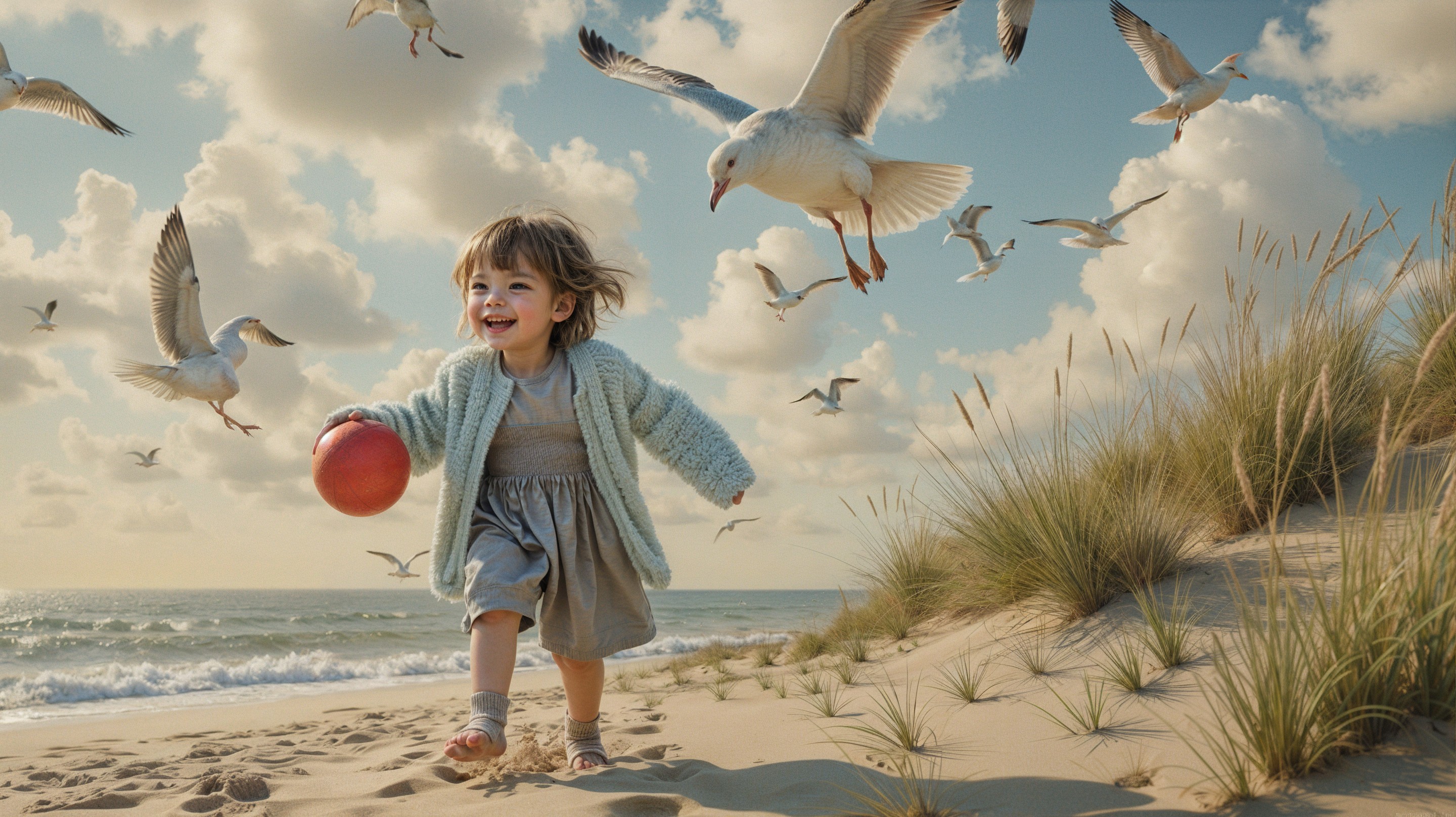 Child Playing on Beach with Red Ball and Seagulls