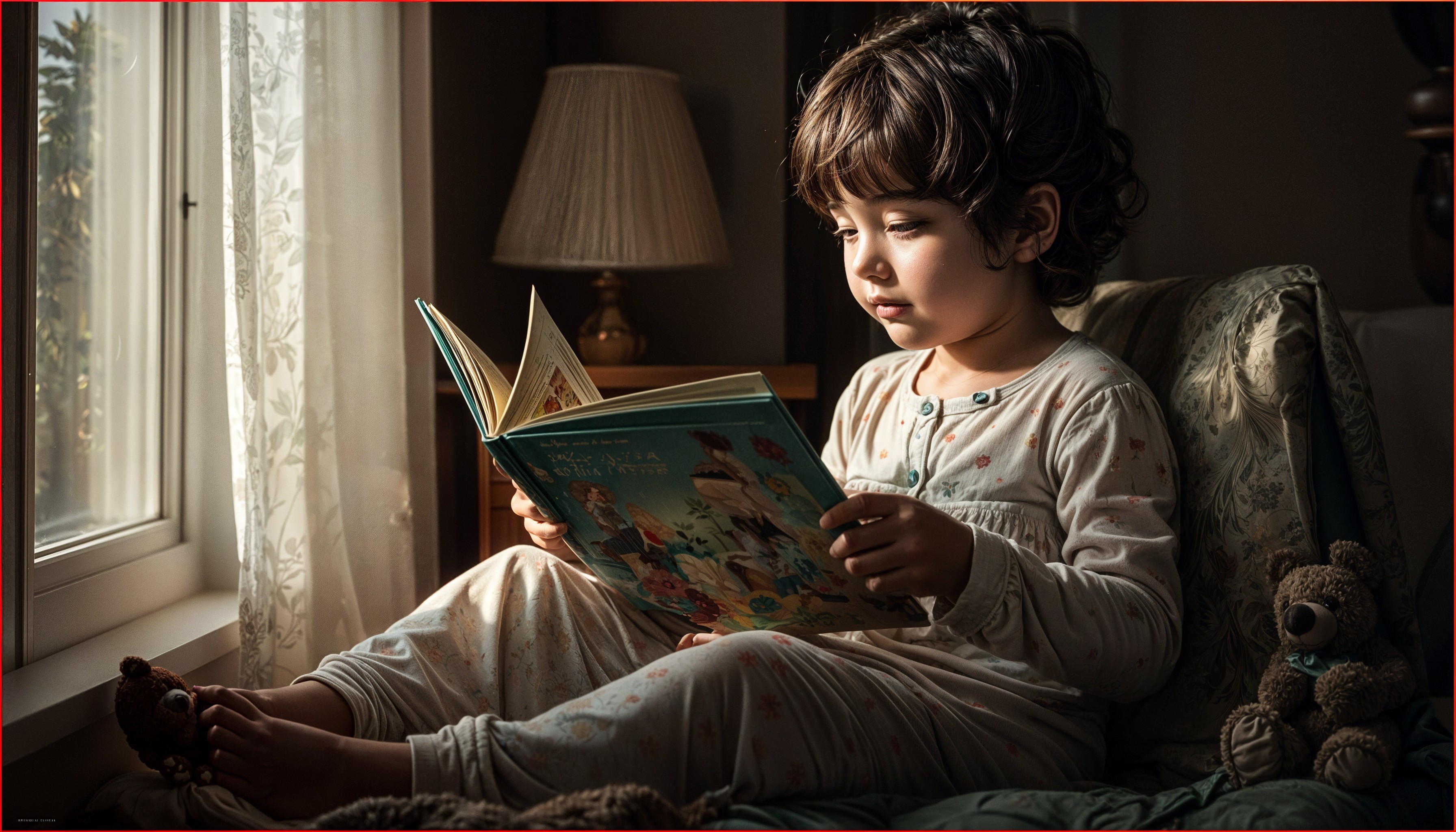 Child Reading a Storybook by a Sunlit Window