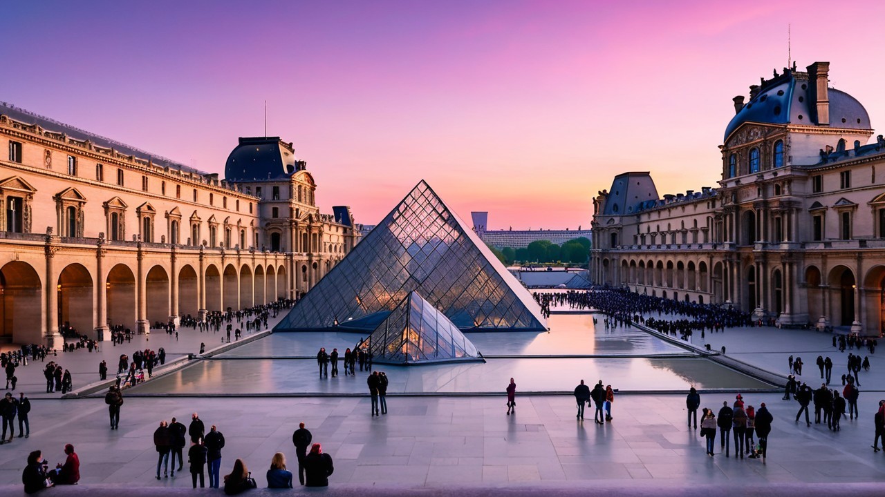 Louvre Museum Glass Pyramid at Dusk with Visitors