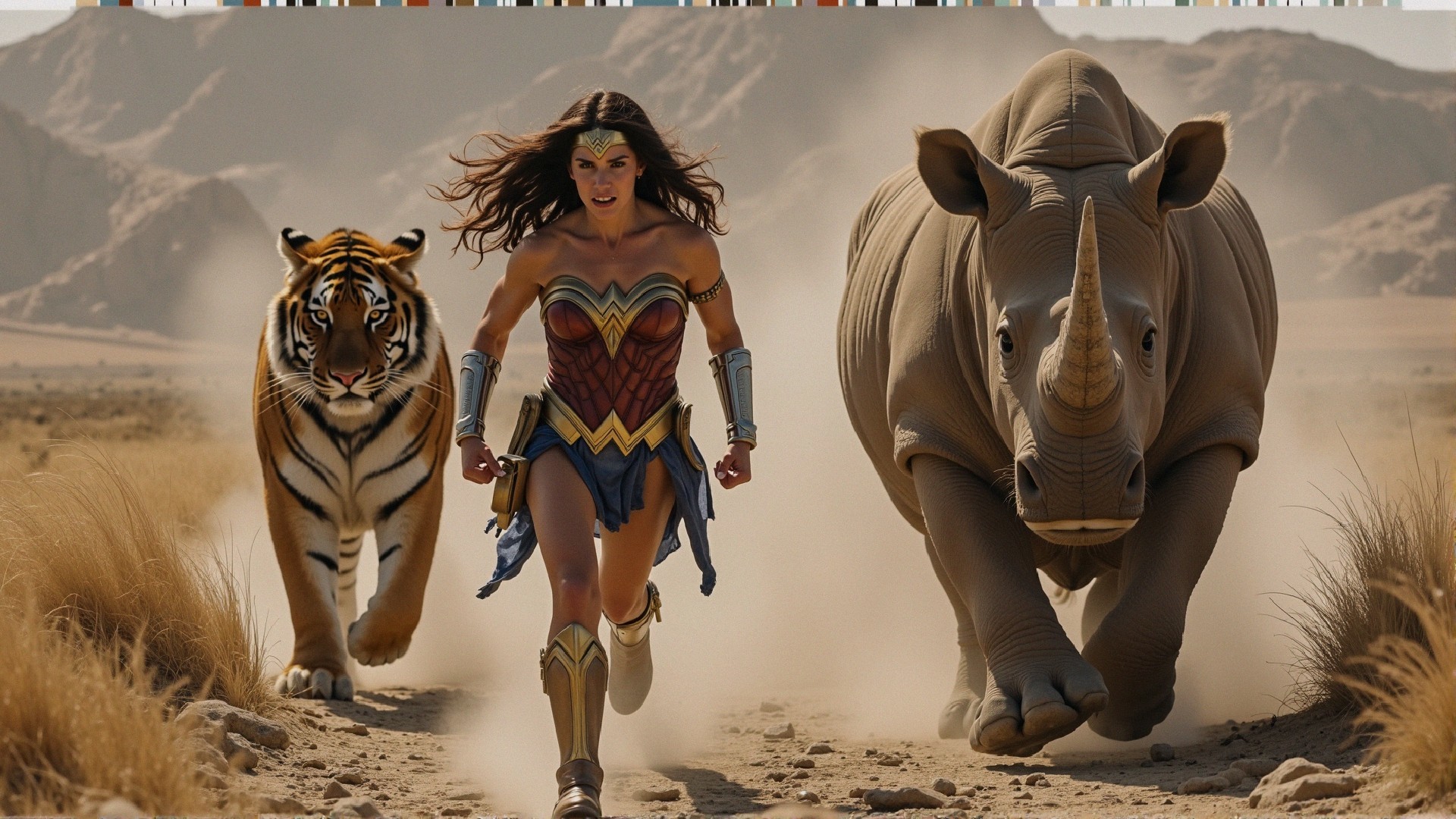 Heroic Figure with Tiger and Rhinoceros in Desert Scene