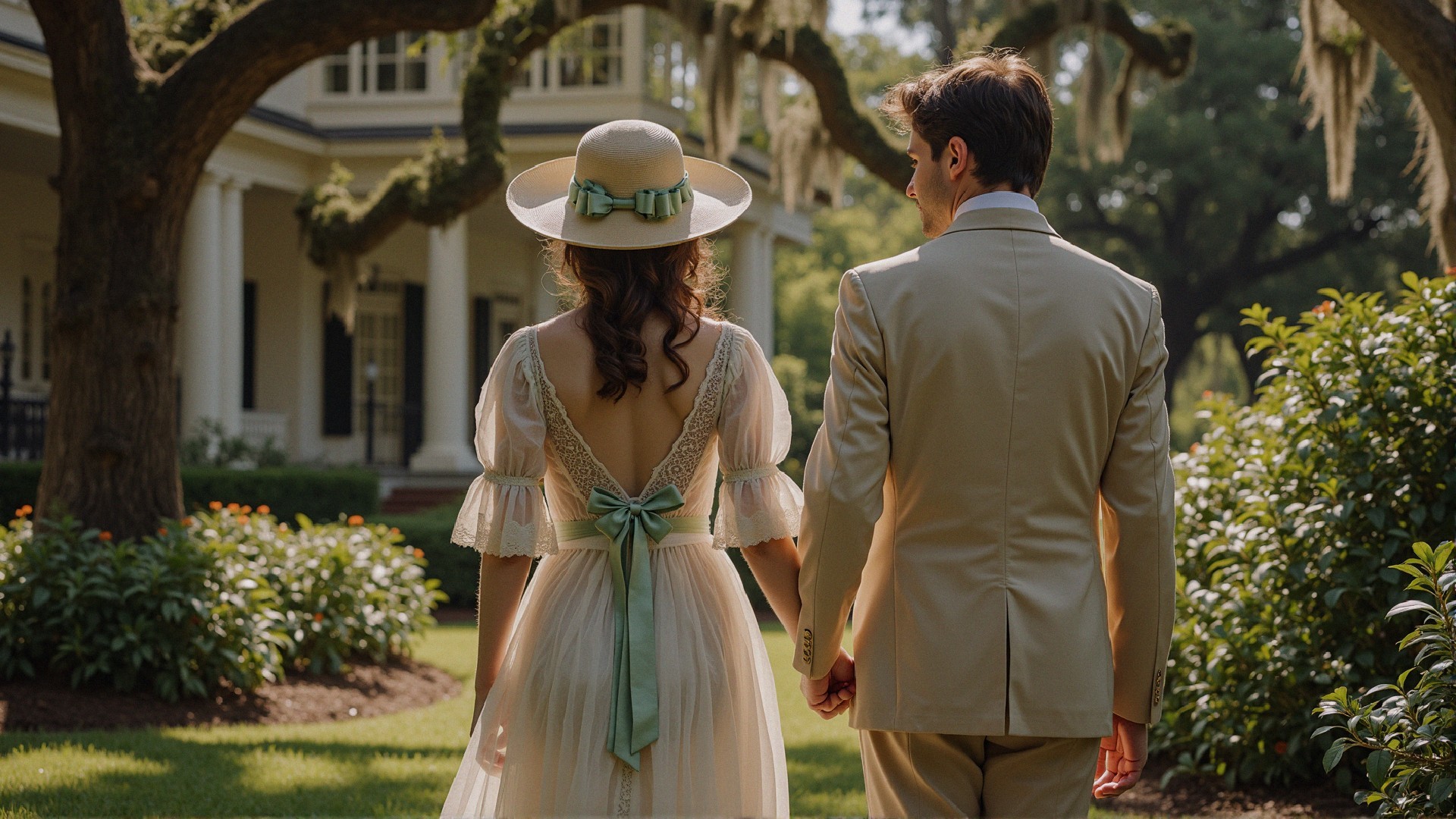 Couple in Vintage Attire Strolling in a Garden