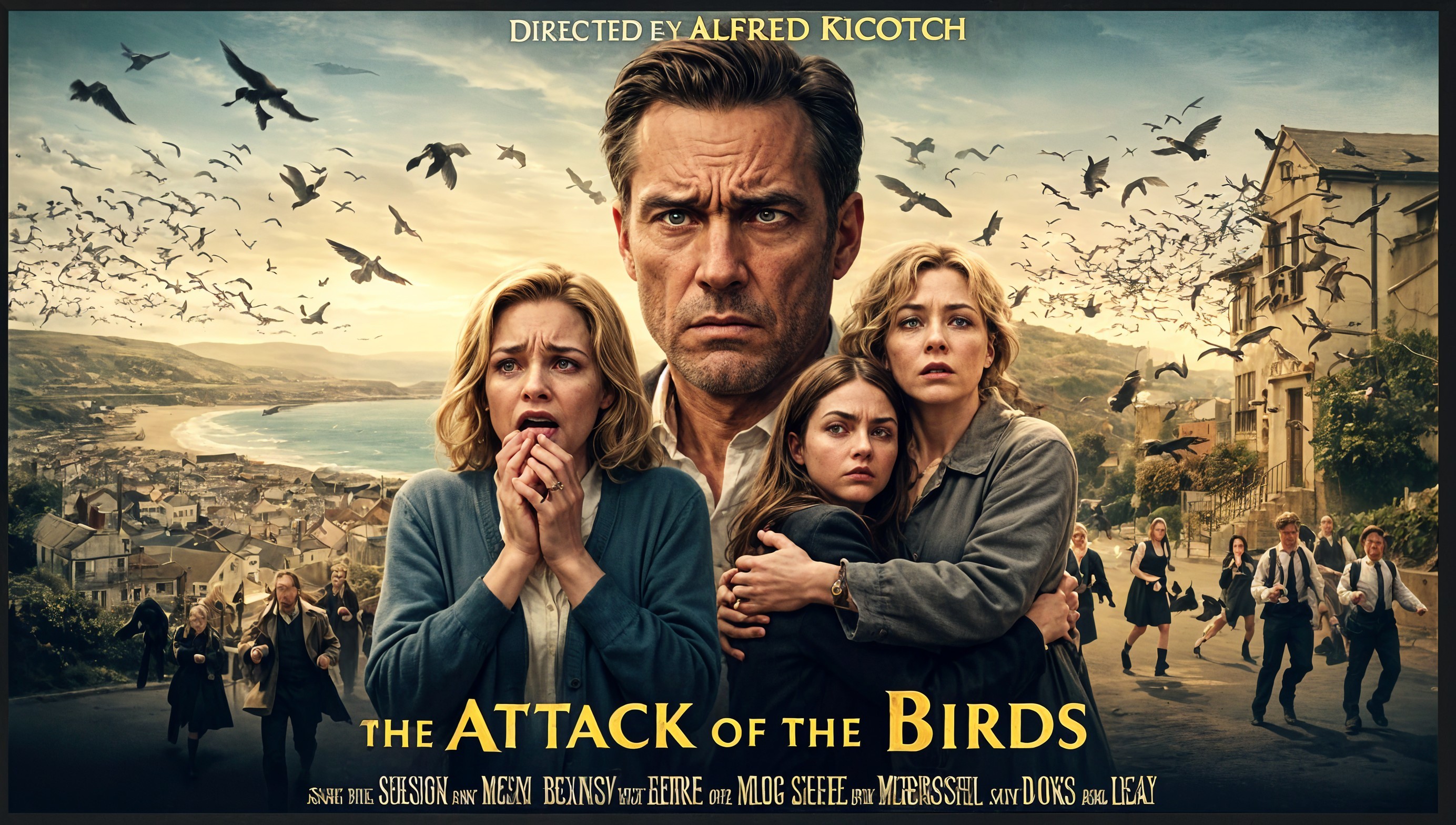 Retro Horror Movie Poster Featuring Coastal Panic Scene