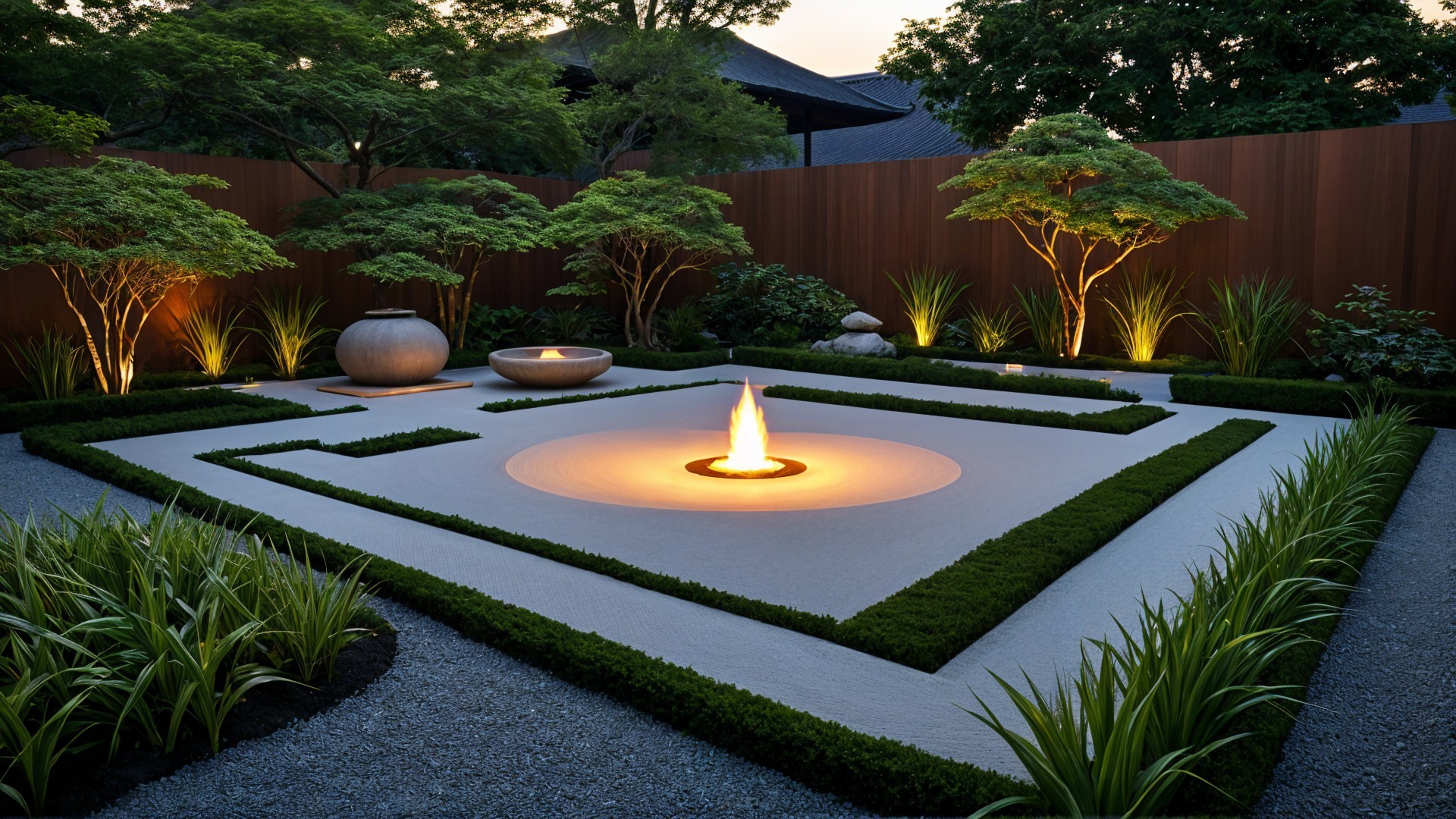 Serene garden design with gravel paths and fire pit