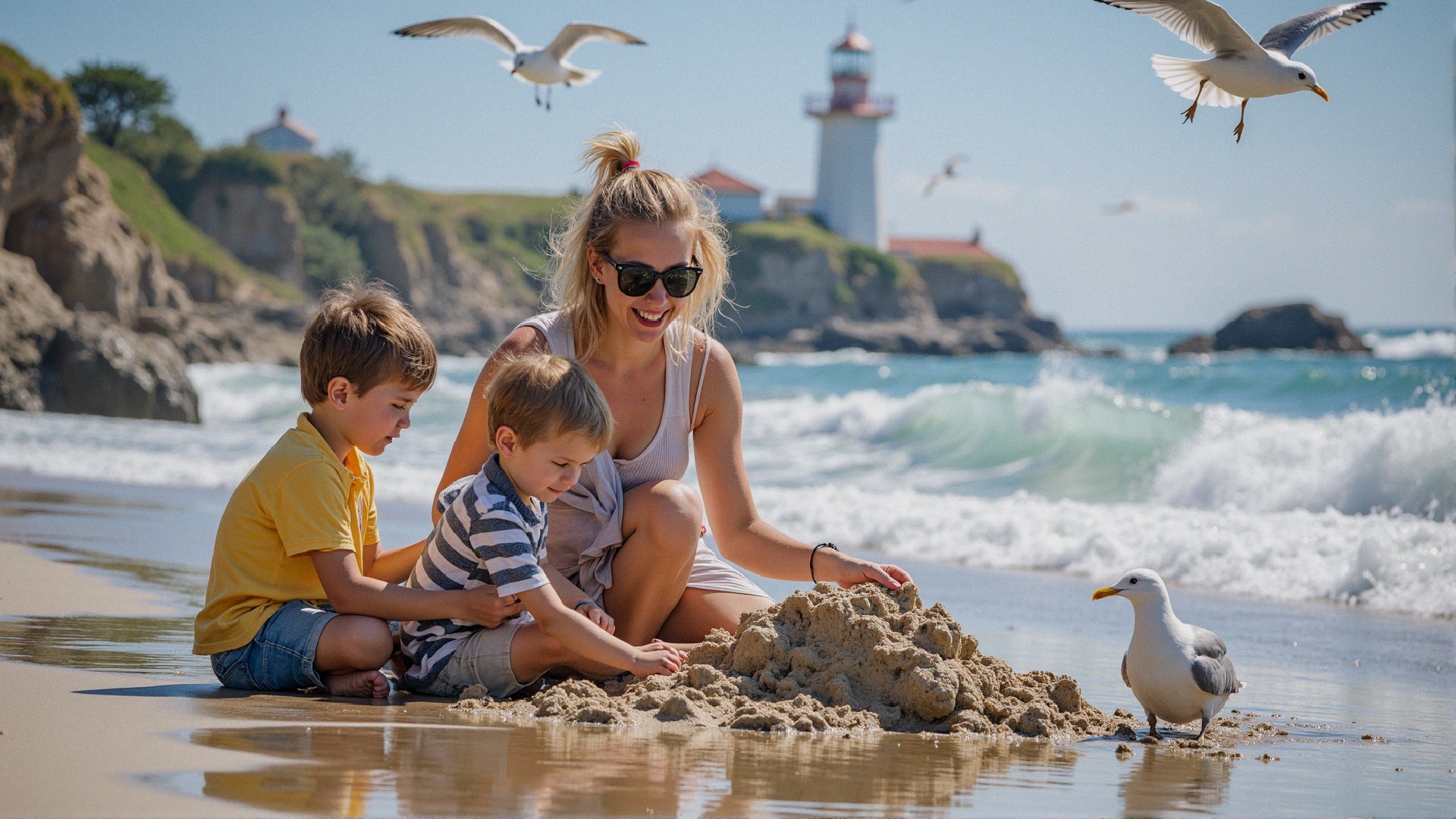 Woman and boys building sandcastle on beach