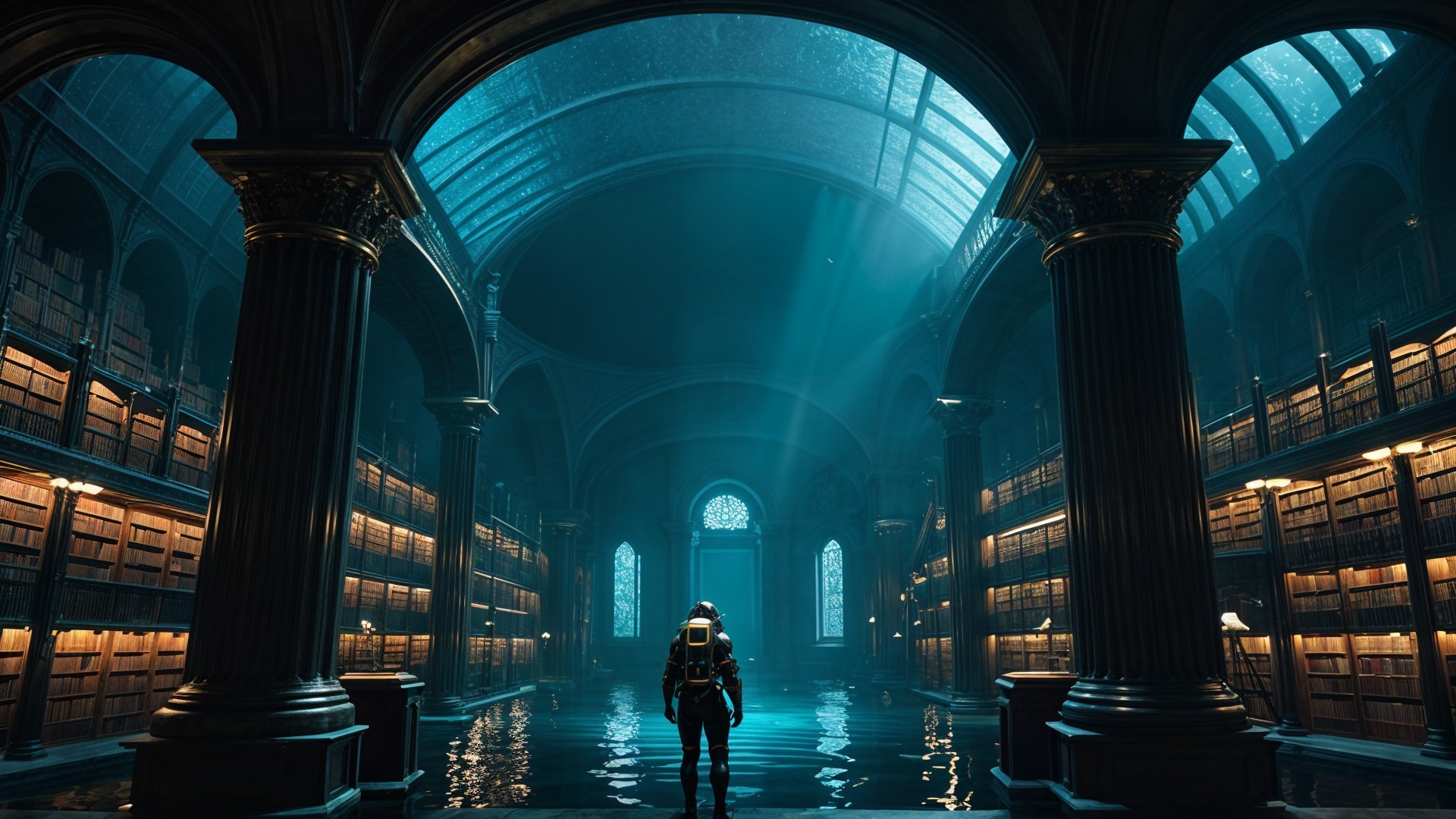 Solitary Figure in a Grand Watery Library Setting