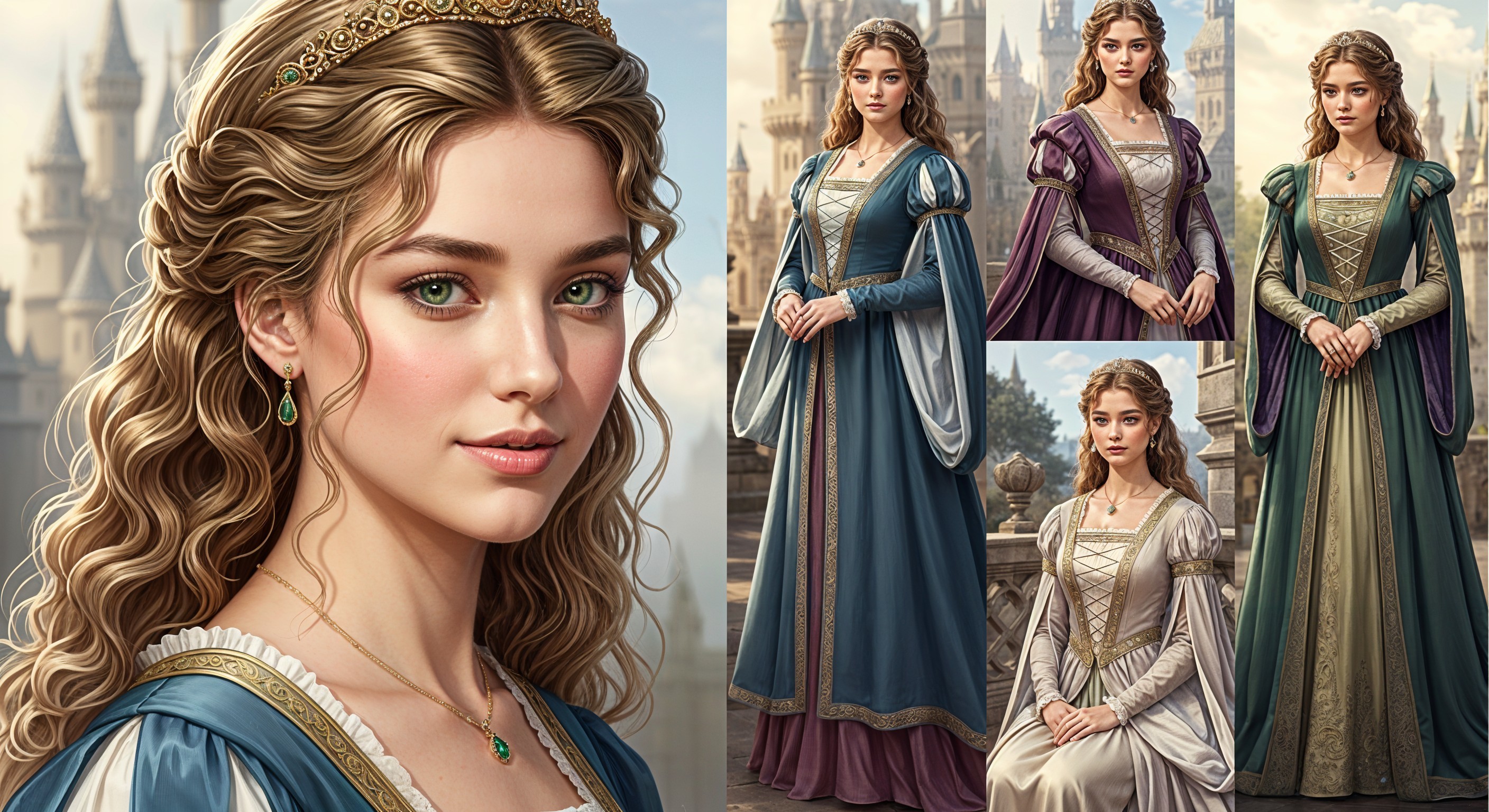 Regal Young Woman in Medieval Gowns with Castle Backdrop
