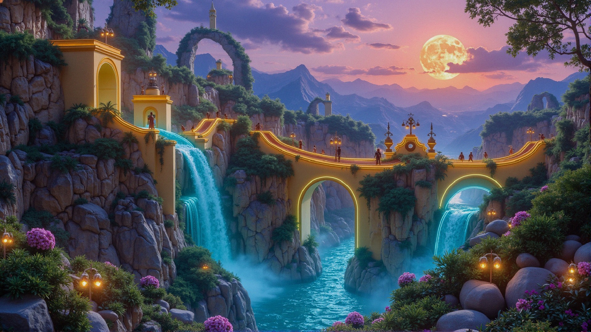 Majestic Fantasy Landscape with Golden Bridge and Waterfalls