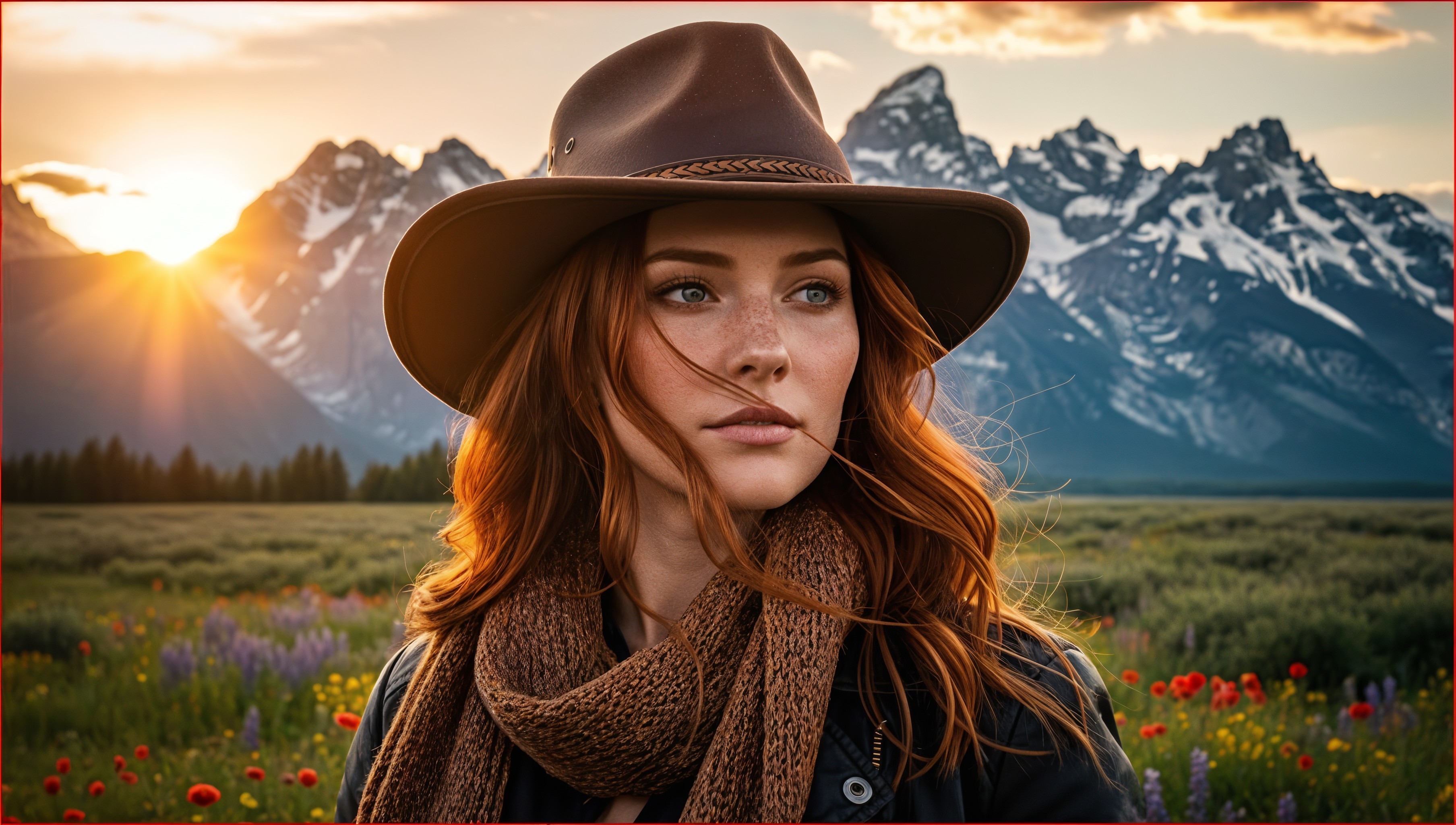 Young woman with red hair in mountainous sunset scene