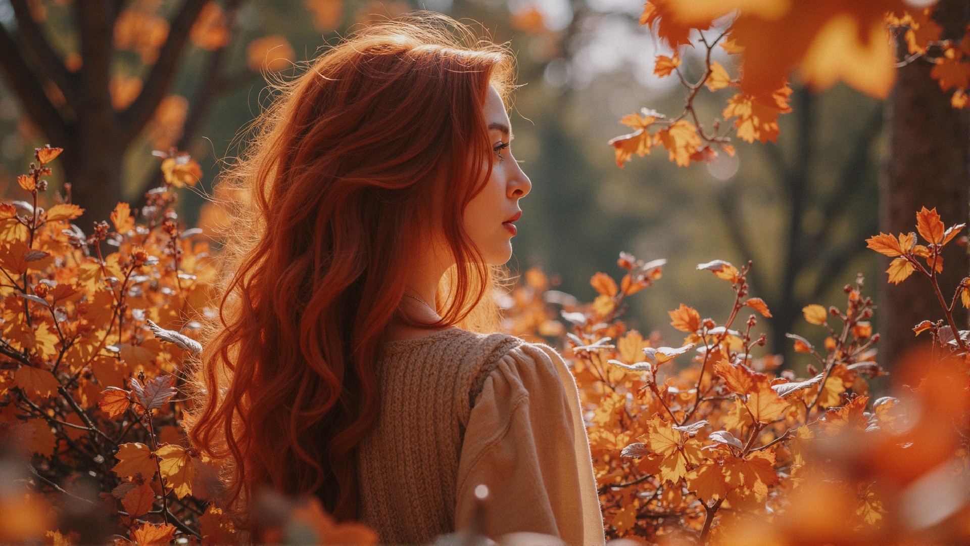 Young Woman in Autumn Foliage with Red Hair