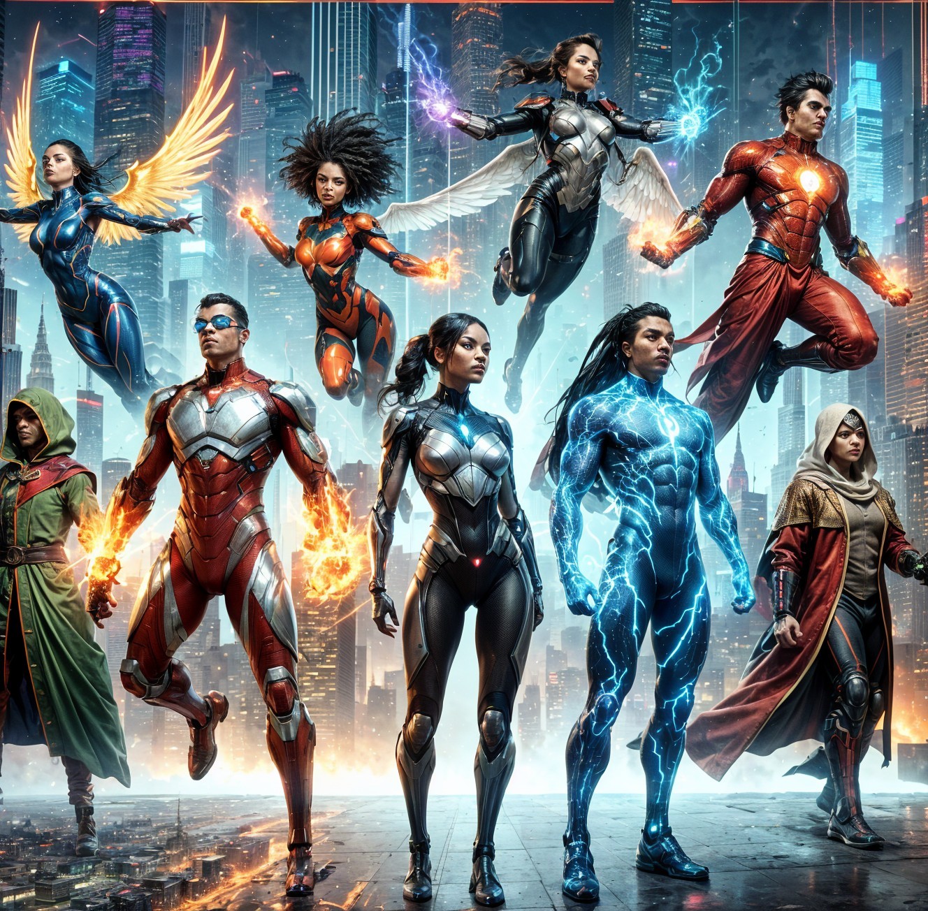 Superheroes with Diverse Powers in Futuristic City