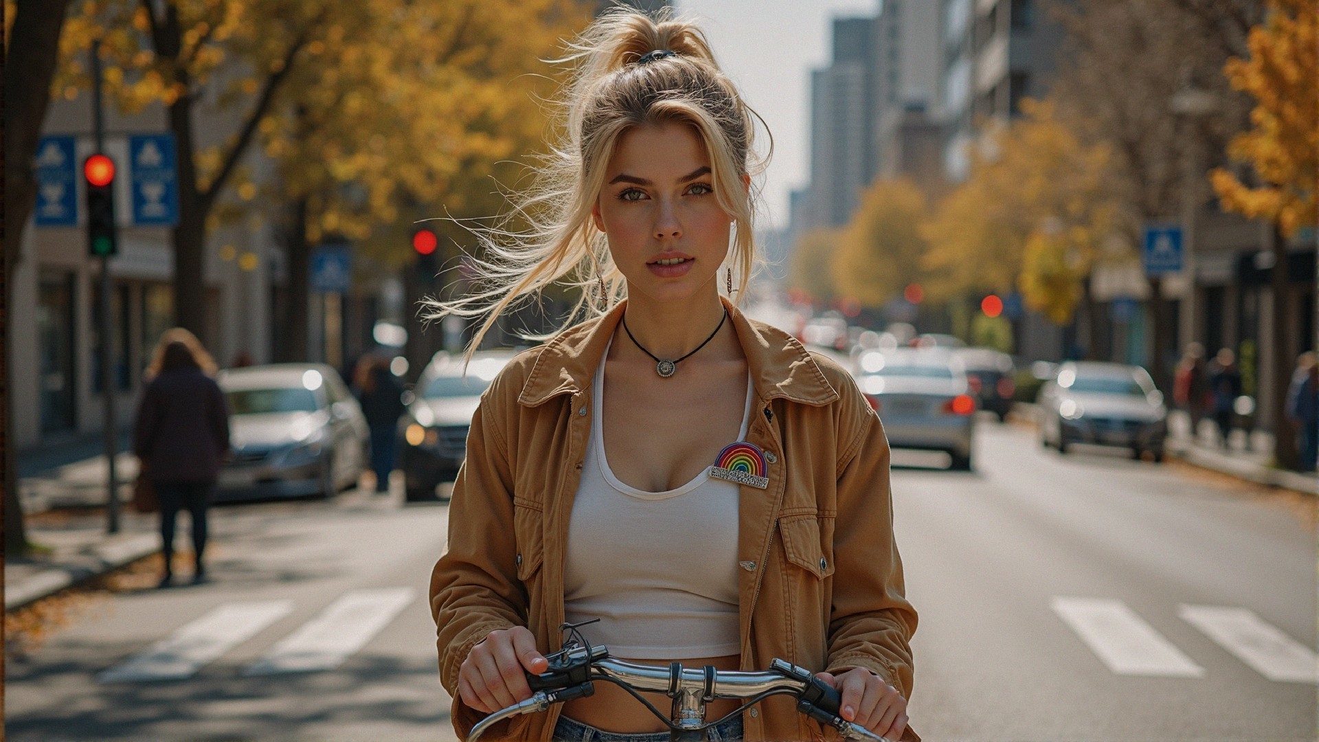 Young Woman with Bicycle in Vibrant Urban Setting