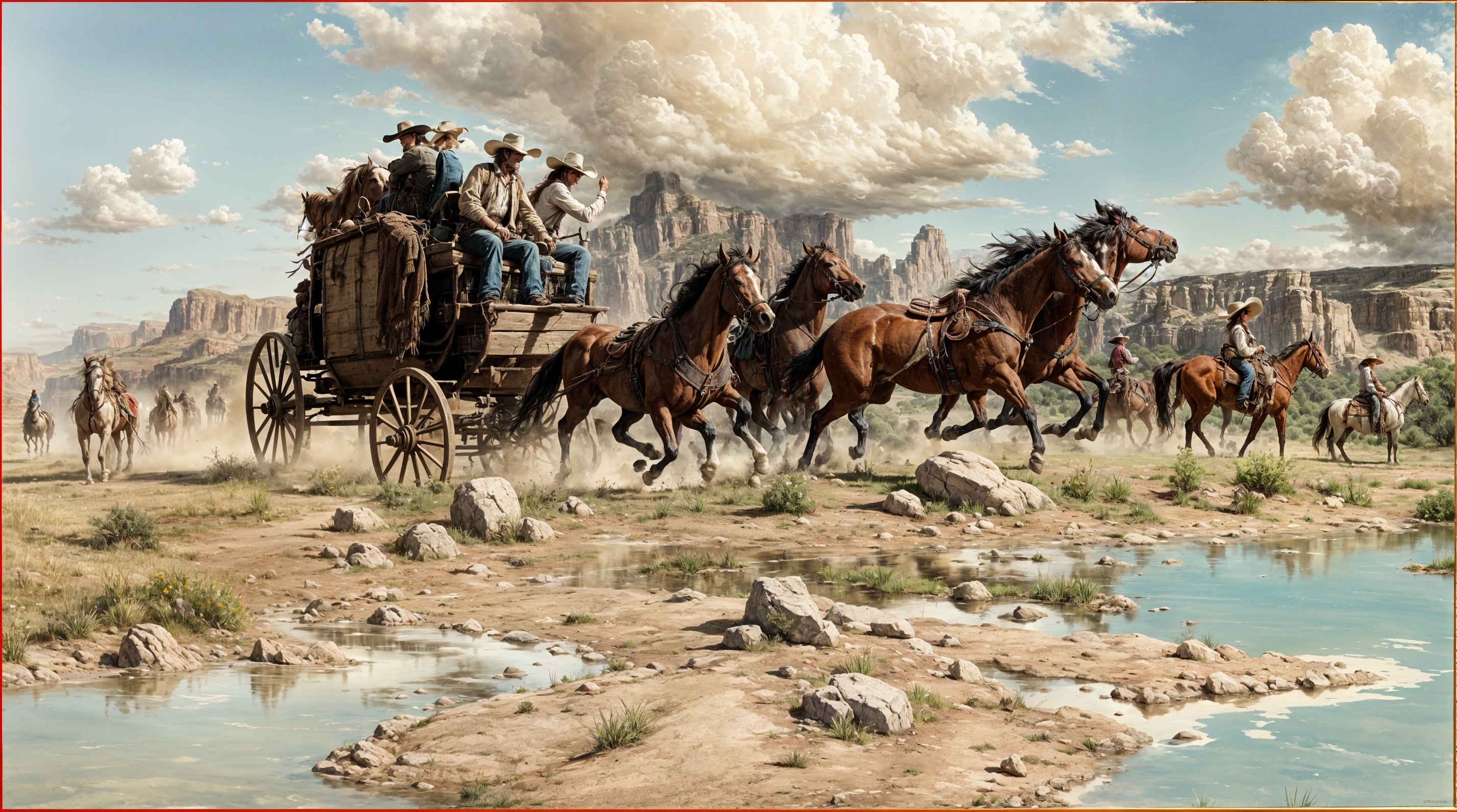 Horse-Drawn Wagon Racing Through Rugged Landscape