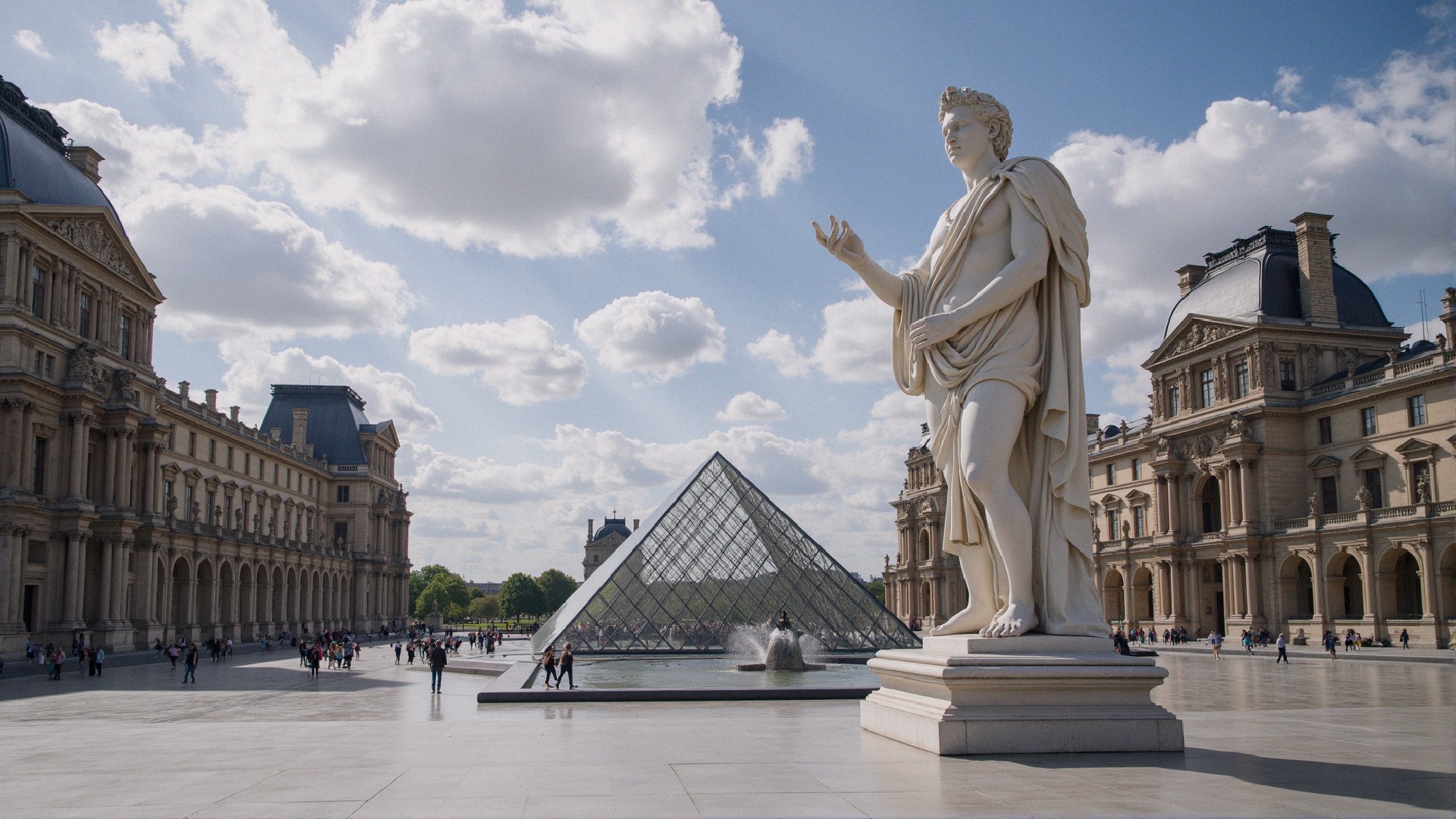 White Statue with Louvre Pyramid and Historic Architecture