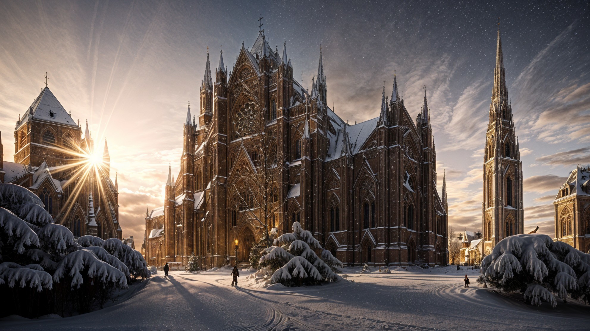 Gothic Cathedral in Snowy Winter Landscape at Sunset