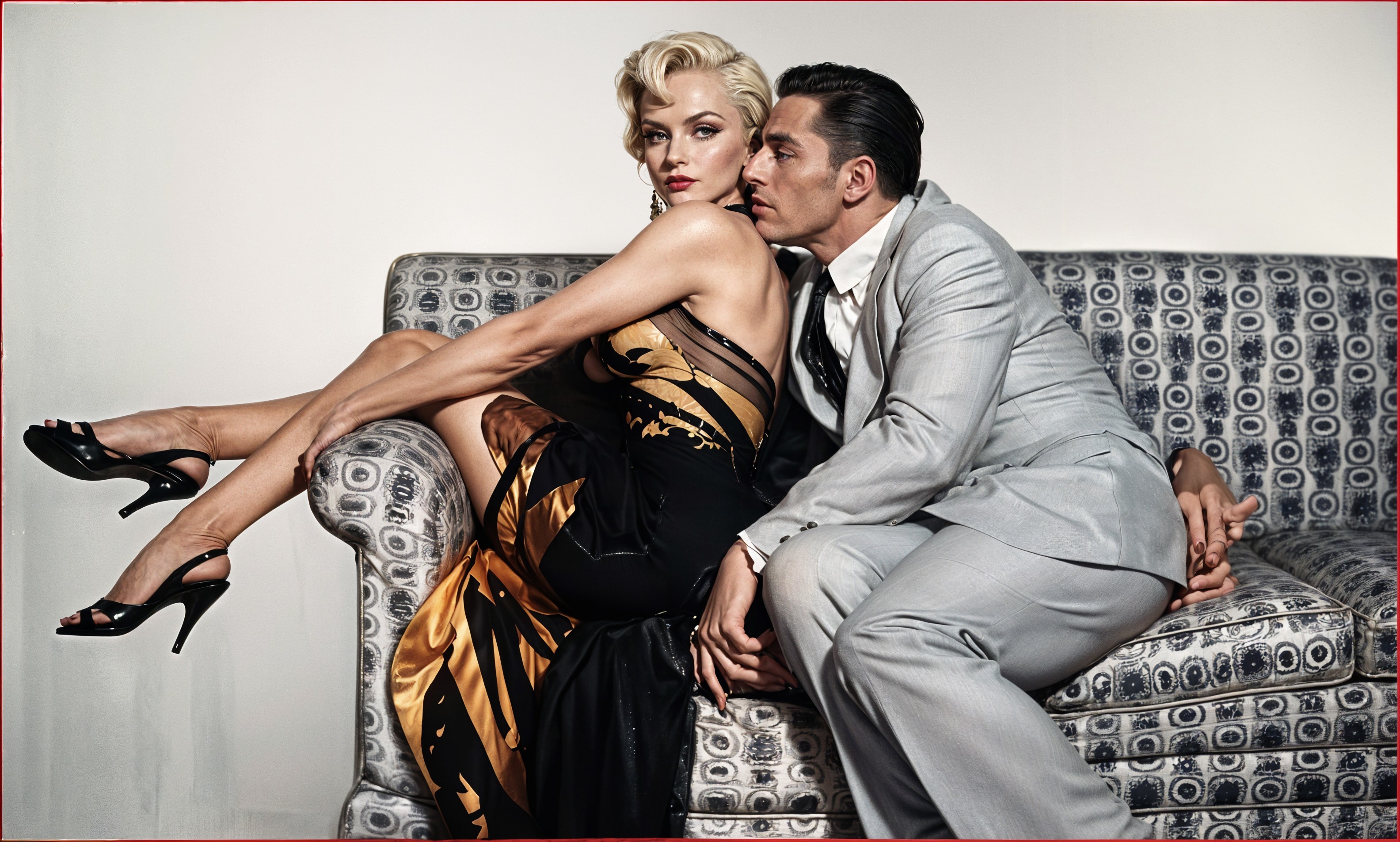 Glamorous Couple Posing on a Patterned Sofa
