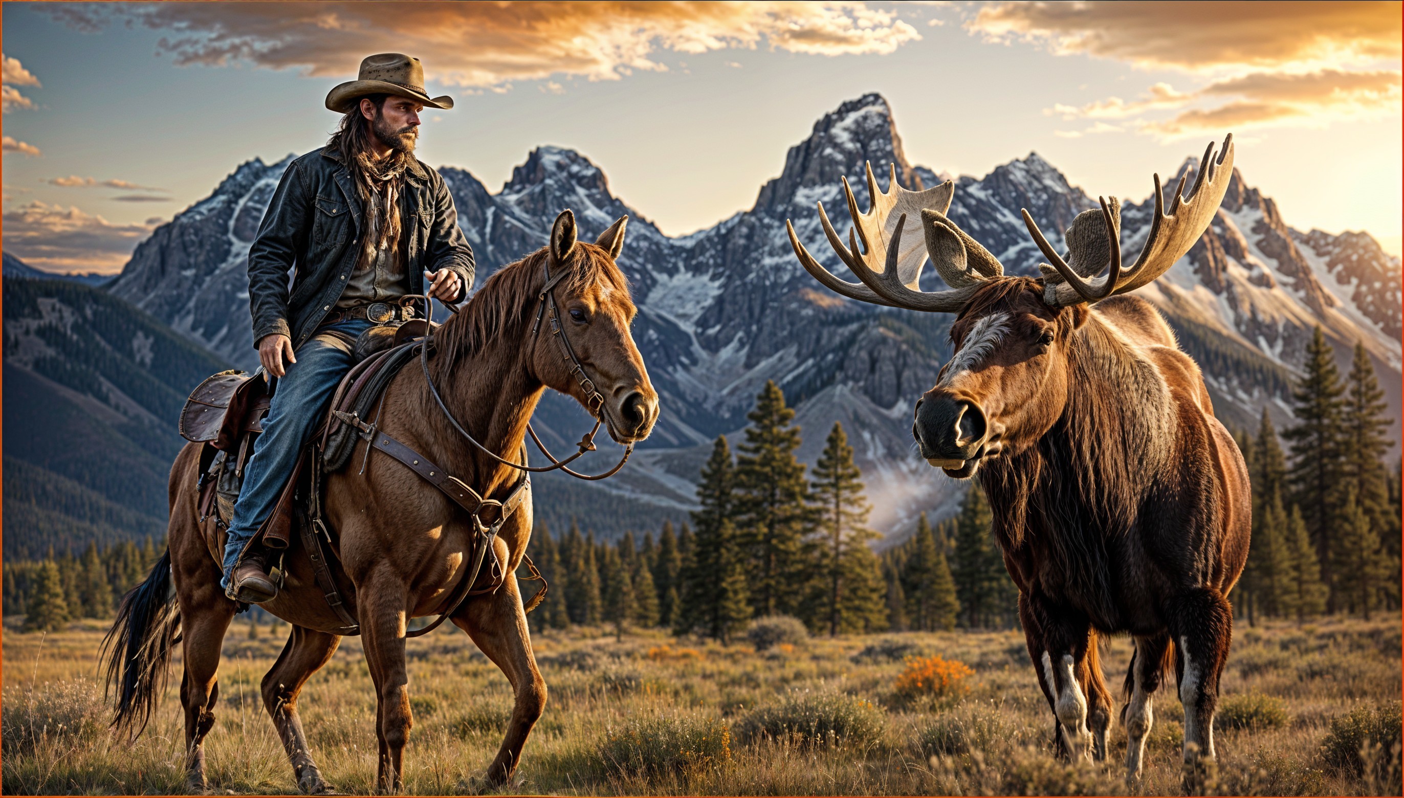 Cowboy on Horse in Mountain Landscape at Sunset