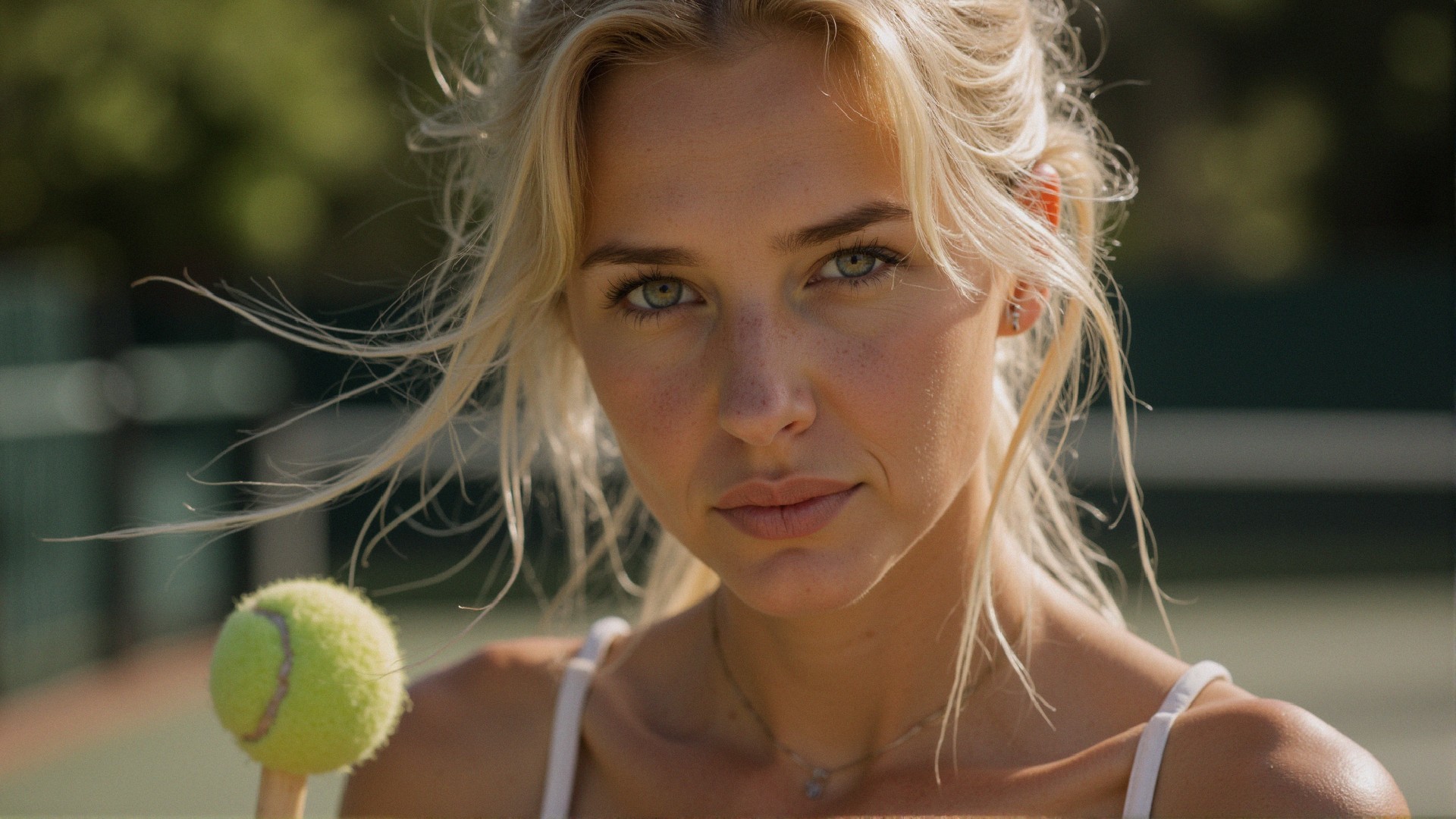 Young Woman on Tennis Court with Tennis Ball