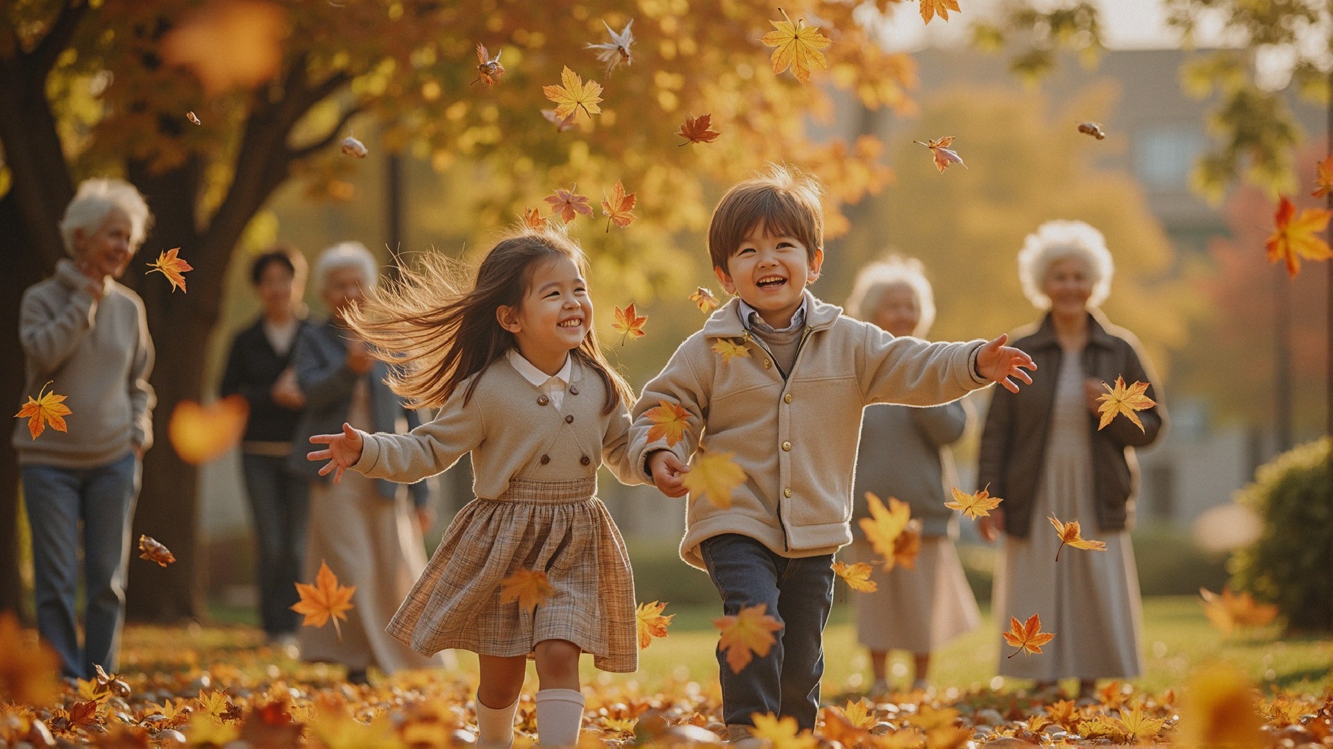 Children Playing in Colorful Autumn Leaves