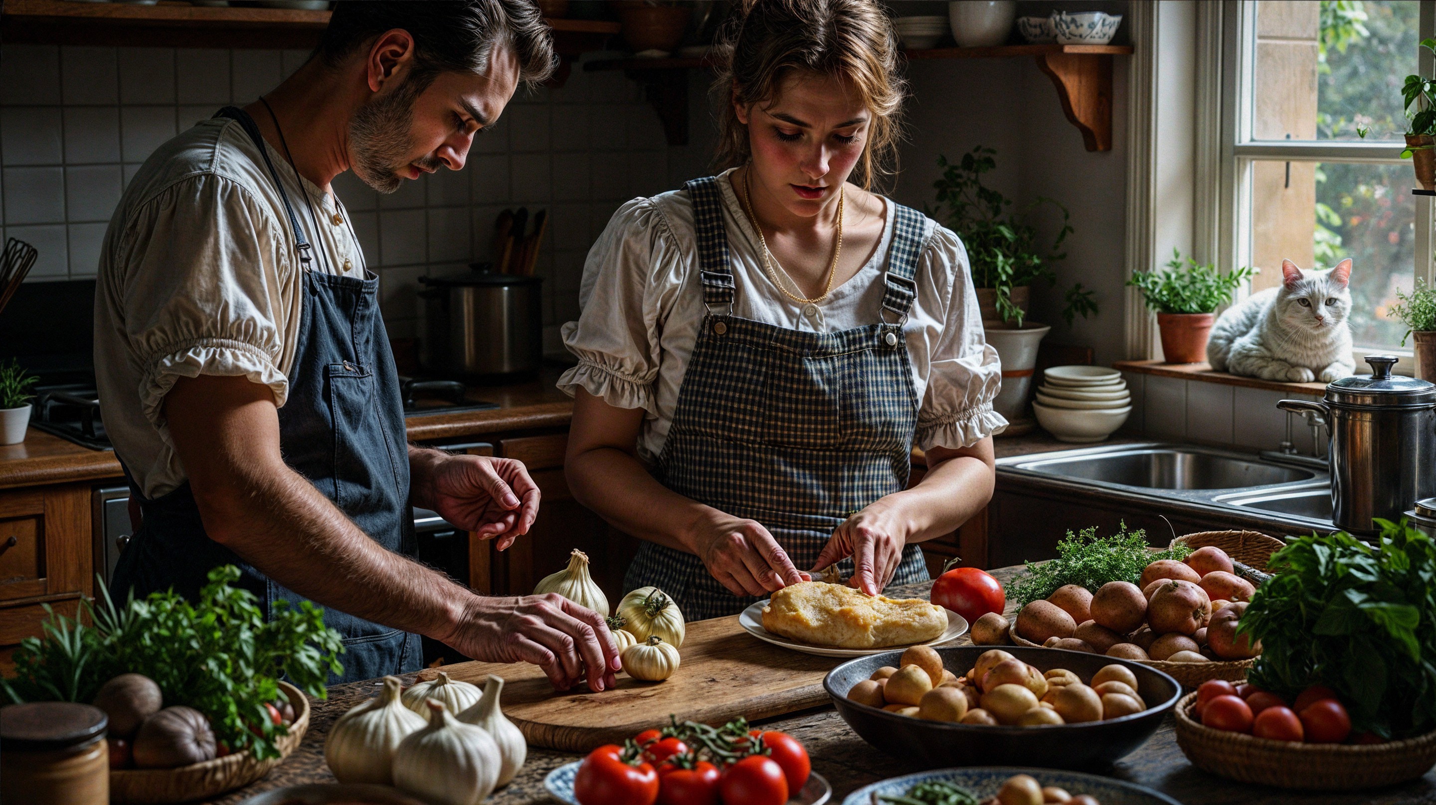 Cozy Kitchen Scene with Cooking and Fresh Ingredients